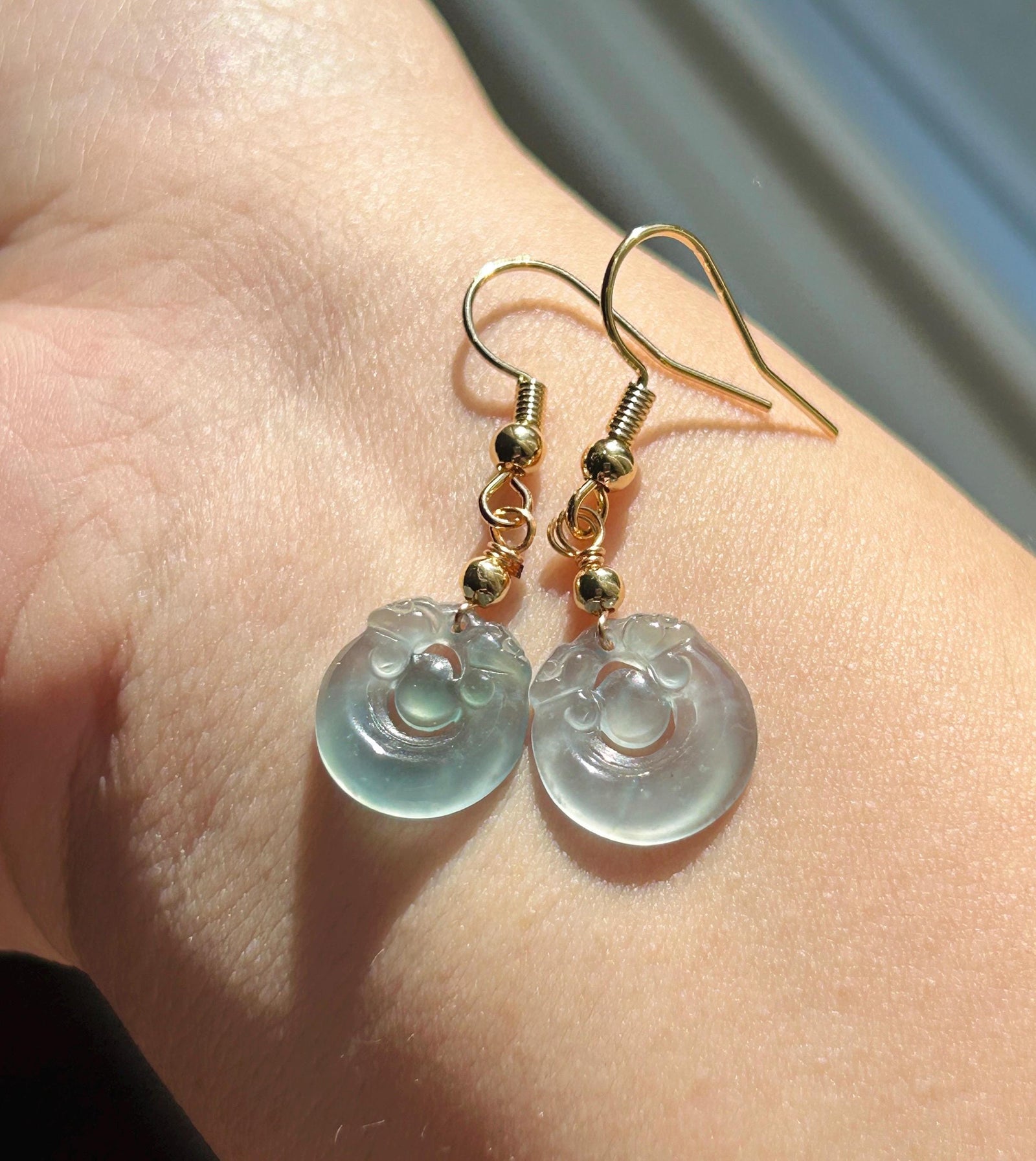 Natural Jadeite RuYi Earrings: Guatemalan Type A Untreated Highly Translucent Icy Pale Ocean Blue Jade, Sterling Silver
