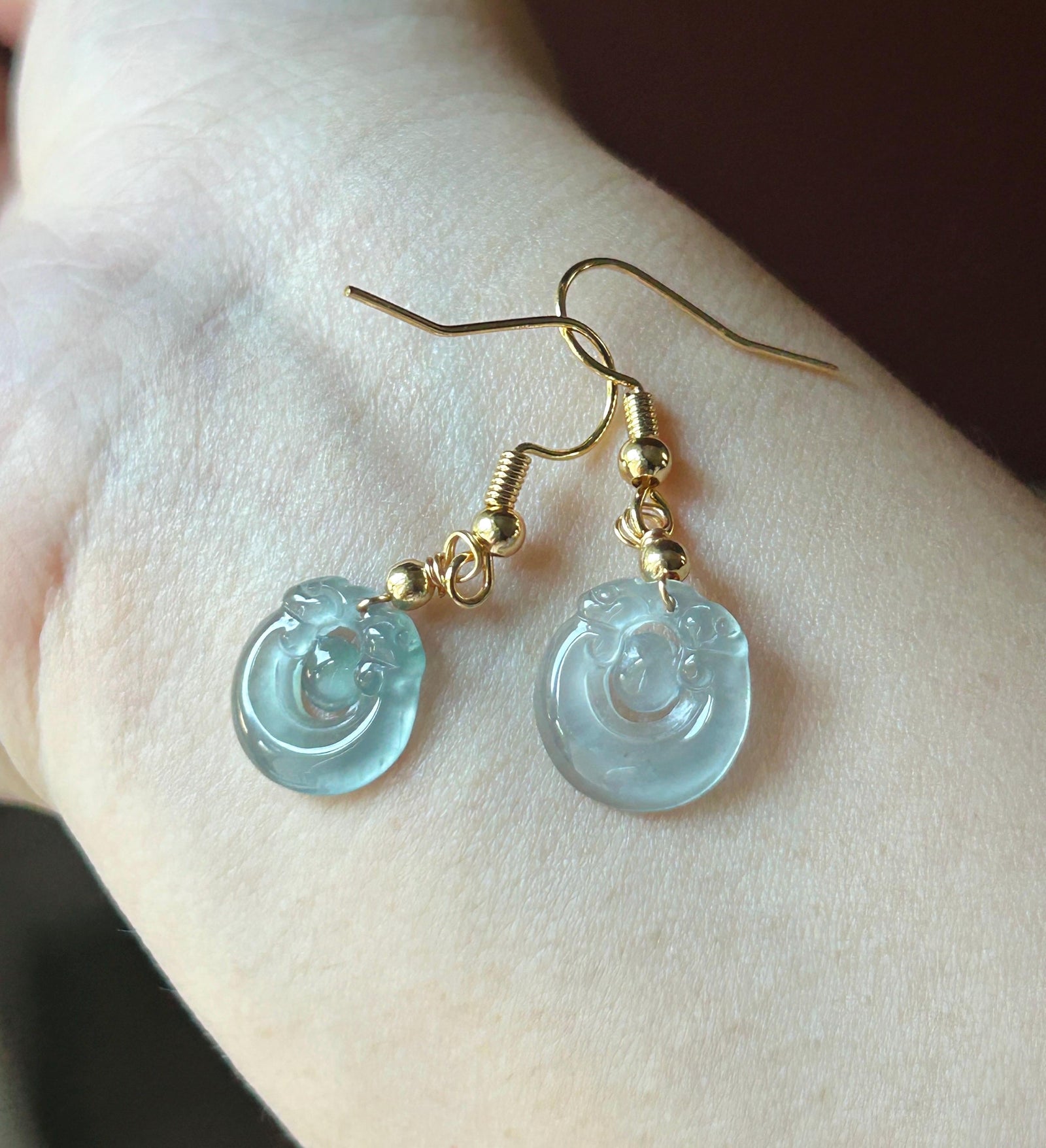 Natural Jadeite RuYi Earrings: Guatemalan Type A Untreated Highly Translucent Icy Pale Ocean Blue Jade, Sterling Silver