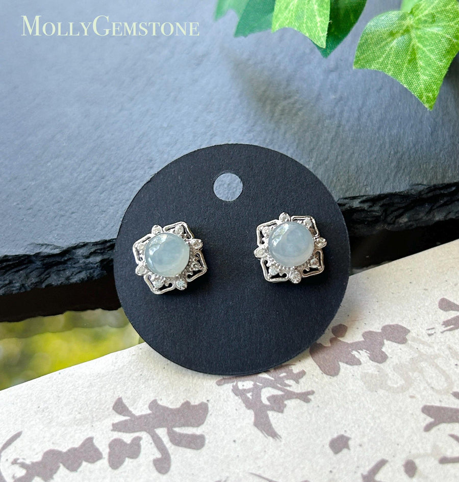 Natural Jadeite Cabochon Stud Earrings: Burmese Type A Untreated Translucent Icy Blue Gray Jade, Sterling Silver