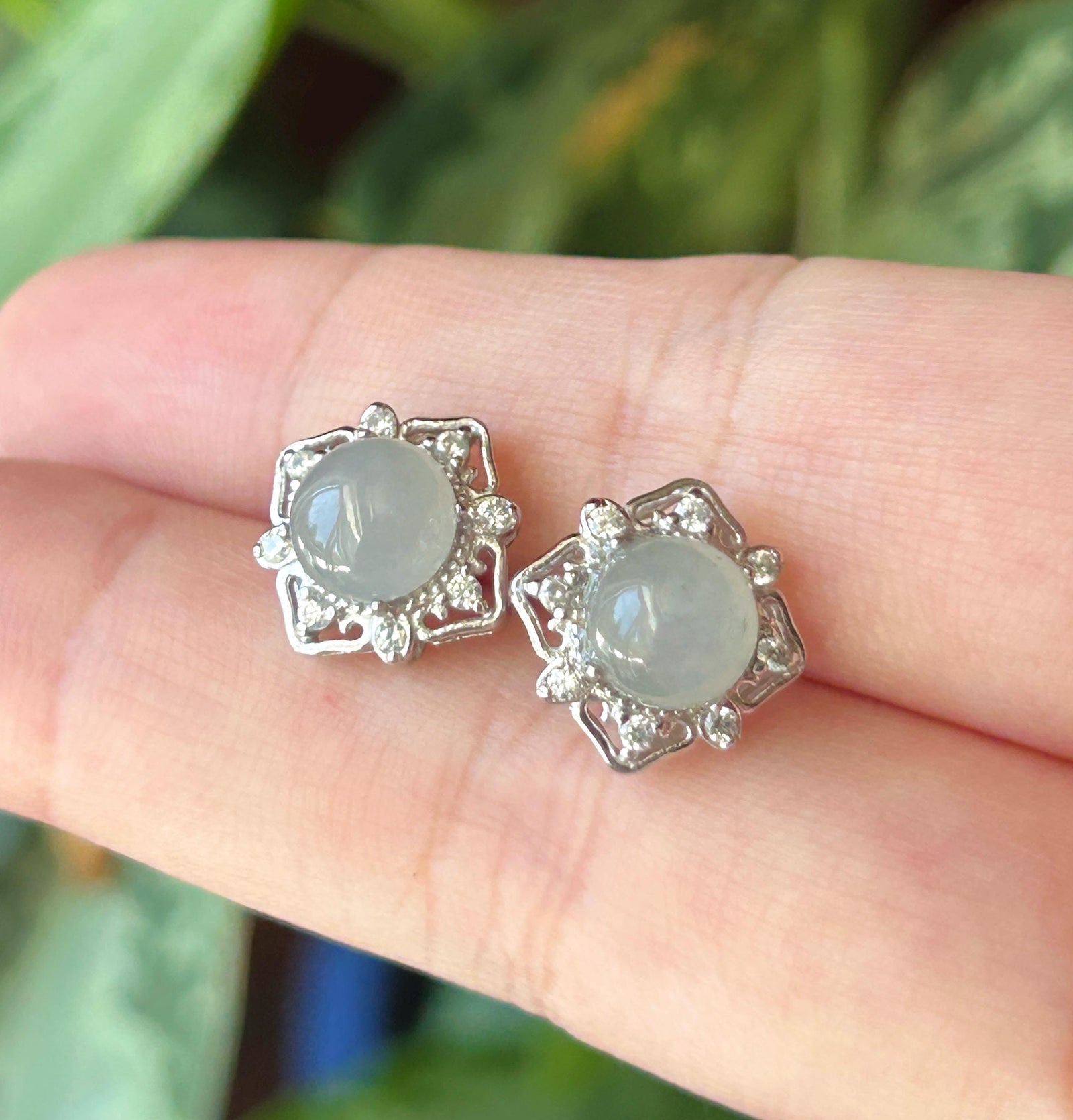 Natural Jadeite Cabochon Stud Earrings: Burmese Type A Untreated Translucent Icy Blue Gray Jade, Sterling Silver