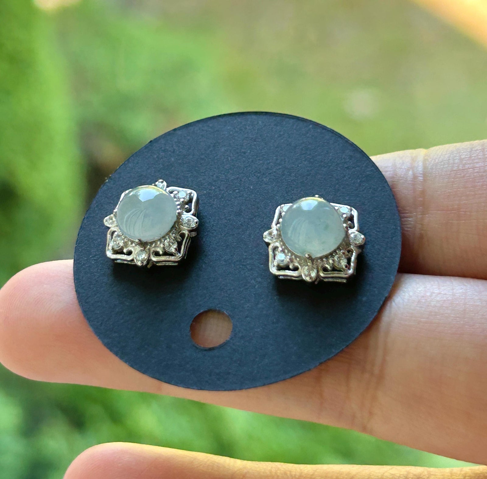 Natural Jadeite Cabochon Stud Earrings: Burmese Type A Untreated Translucent Icy Blue Gray Jade, Sterling Silver