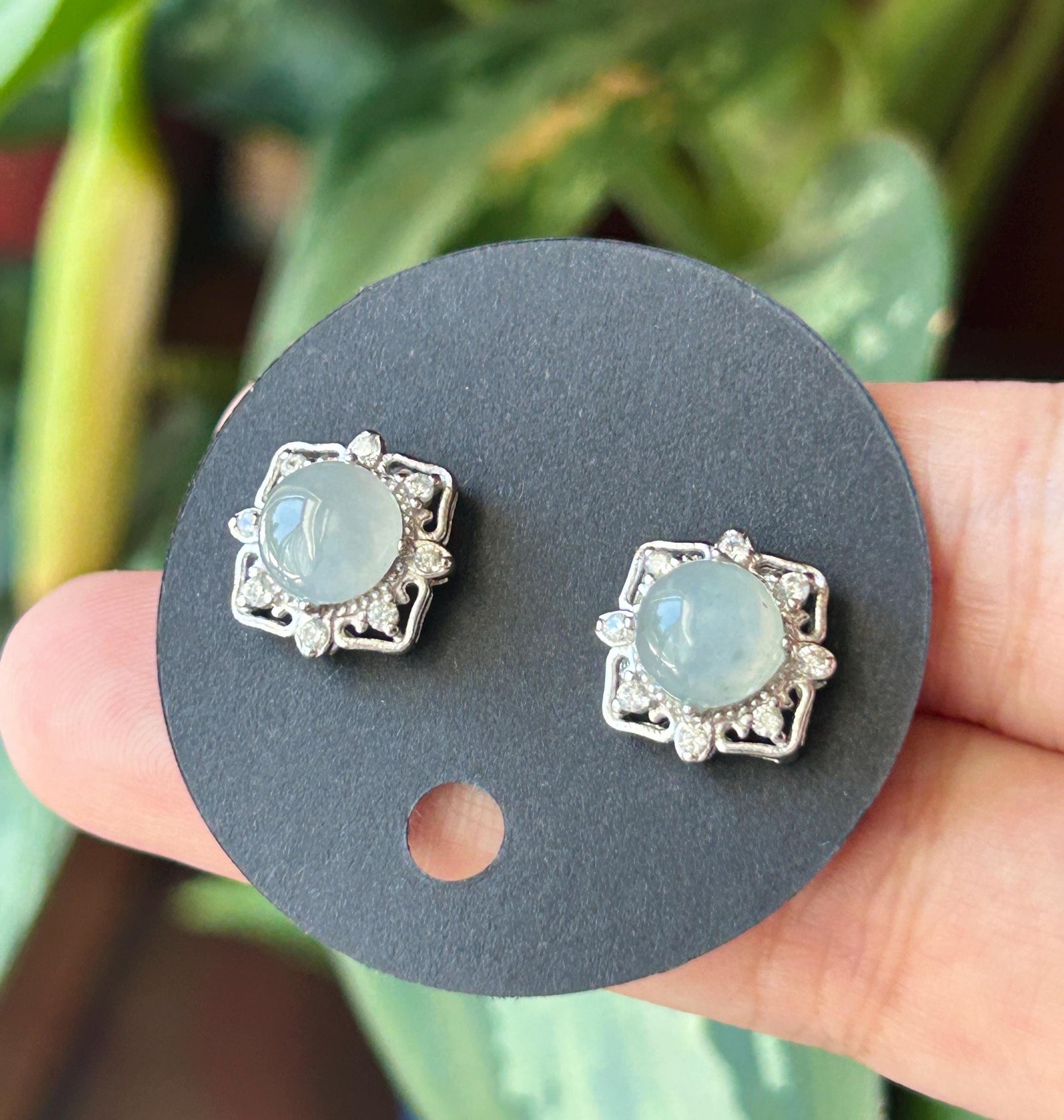 Natural Jadeite Cabochon Stud Earrings: Burmese Type A Untreated Translucent Icy Blue Gray Jade, Sterling Silver