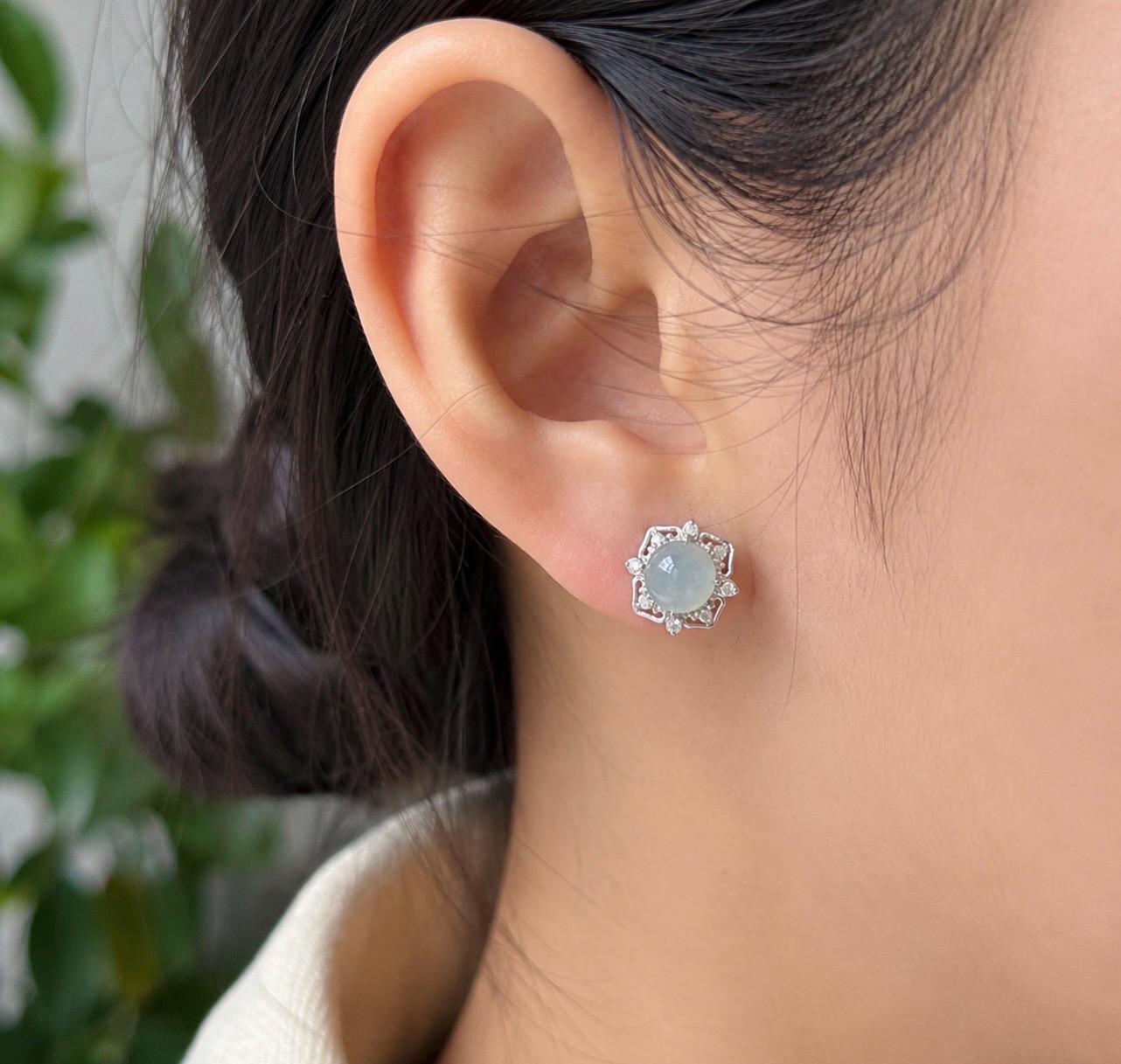 Natural Jadeite Cabochon Stud Earrings: Burmese Type A Untreated Translucent Icy Blue Gray Jade, Sterling Silver