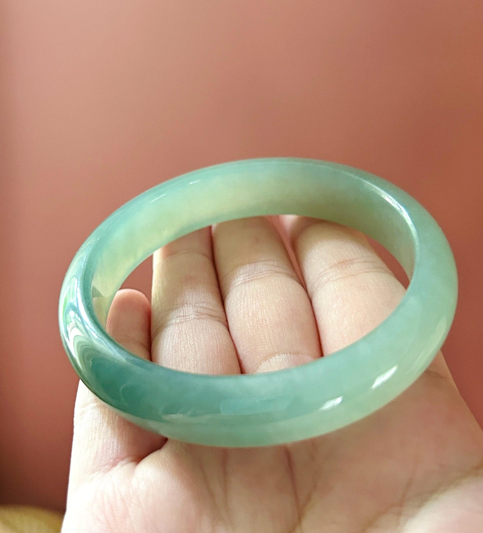 Certified Natural Jadeite Bangle - High-End Burmese Type A Highly Translucent Icy glutinous Bluish Green Jade, Round-D Cut, 62mm