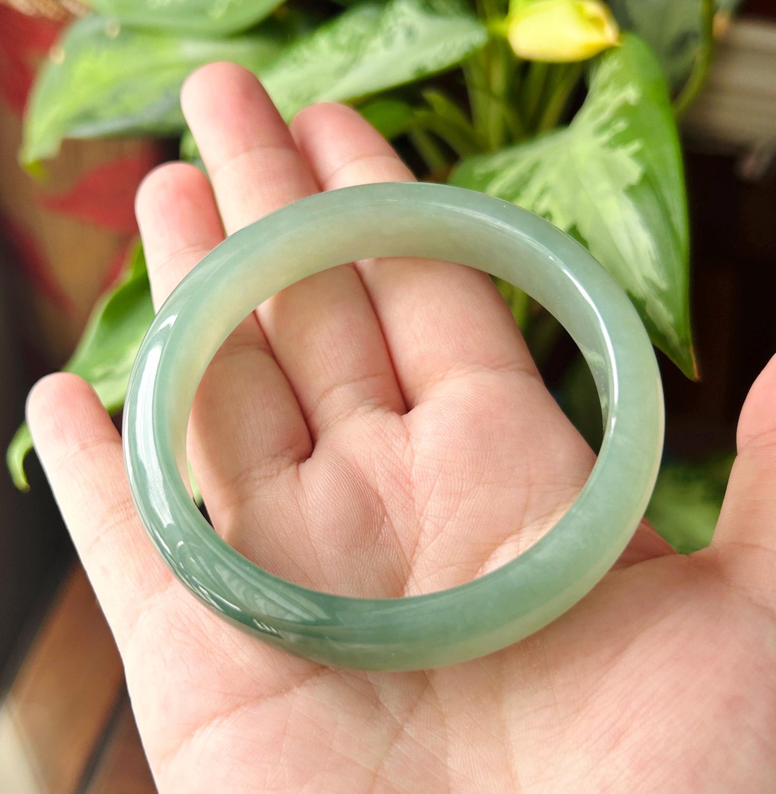 Certified Natural Jadeite Bangle - High-End Burmese Type A Highly Translucent Icy glutinous Bluish Green Jade, Round-D Cut, 62mm