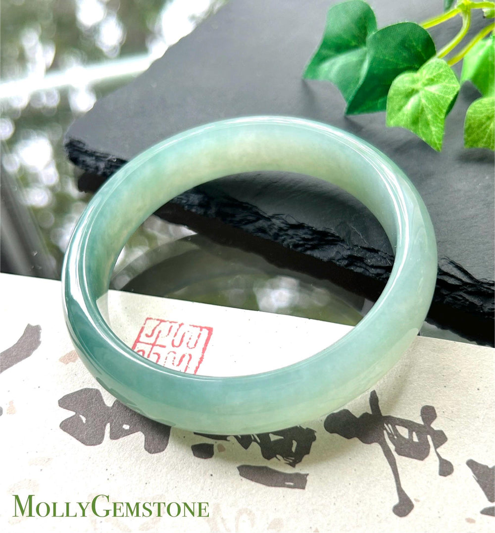 Certified Natural Jadeite Bangle - High-End Burmese Type A Highly Translucent Icy glutinous Bluish Green Jade, Round-D Cut, 62mm