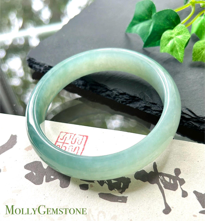 Certified Natural Jadeite Bangle - High-End Burmese Type A Highly Translucent Icy glutinous Bluish Green Jade, Round-D Cut, 62mm