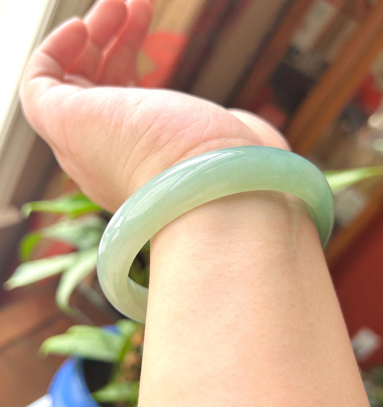 Certified Natural Jadeite Bangle - High-End Burmese Type A Highly Translucent Icy glutinous Bluish Green Jade, Round-D Cut, 62mm