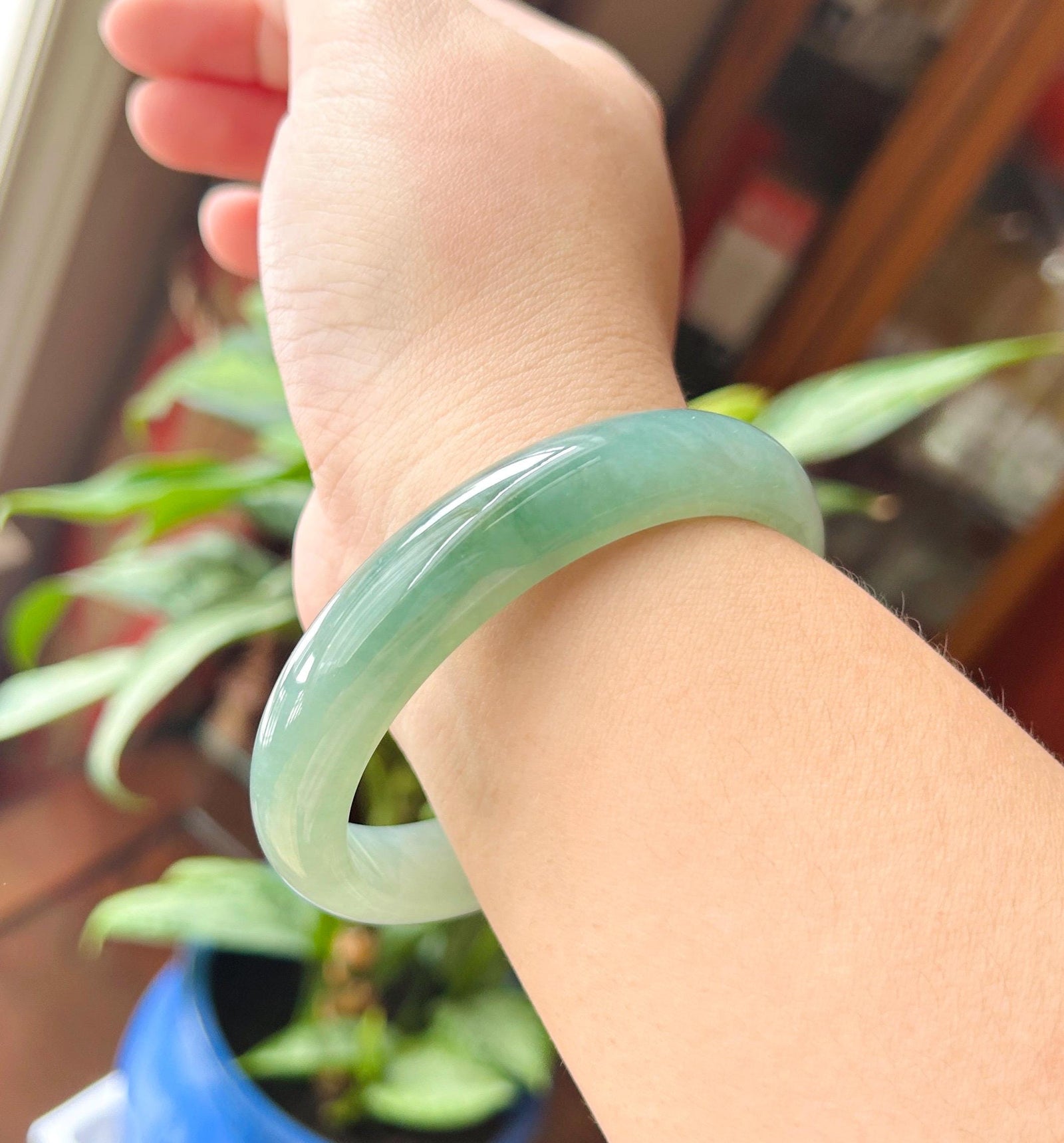 Certified Natural Jadeite Bangle - High-End Burmese Type A Highly Translucent Icy glutinous Bluish Green Jade, Round-D Cut, 62mm