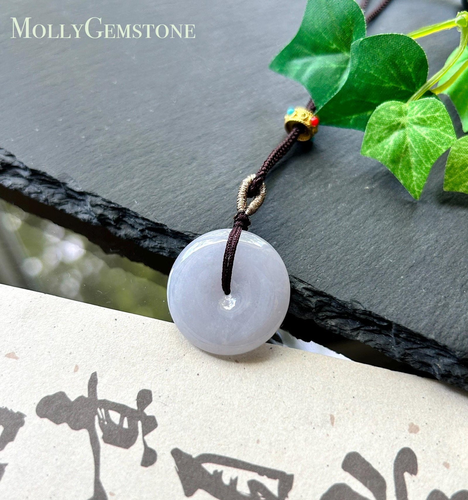 Natural Jadeite Lucky Donut Pendant Handwoven Necklace Burmese Type A Translucent Icy Pale Lavender Jade PingAnKou 25.1 x 5.2mm