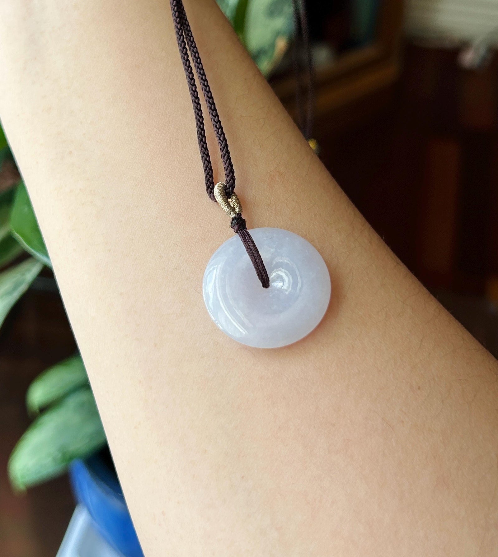 Natural Jadeite Lucky Donut Pendant Handwoven Necklace Burmese Type A Translucent Icy Pale Lavender Jade PingAnKou 25.1 x 5.2mm