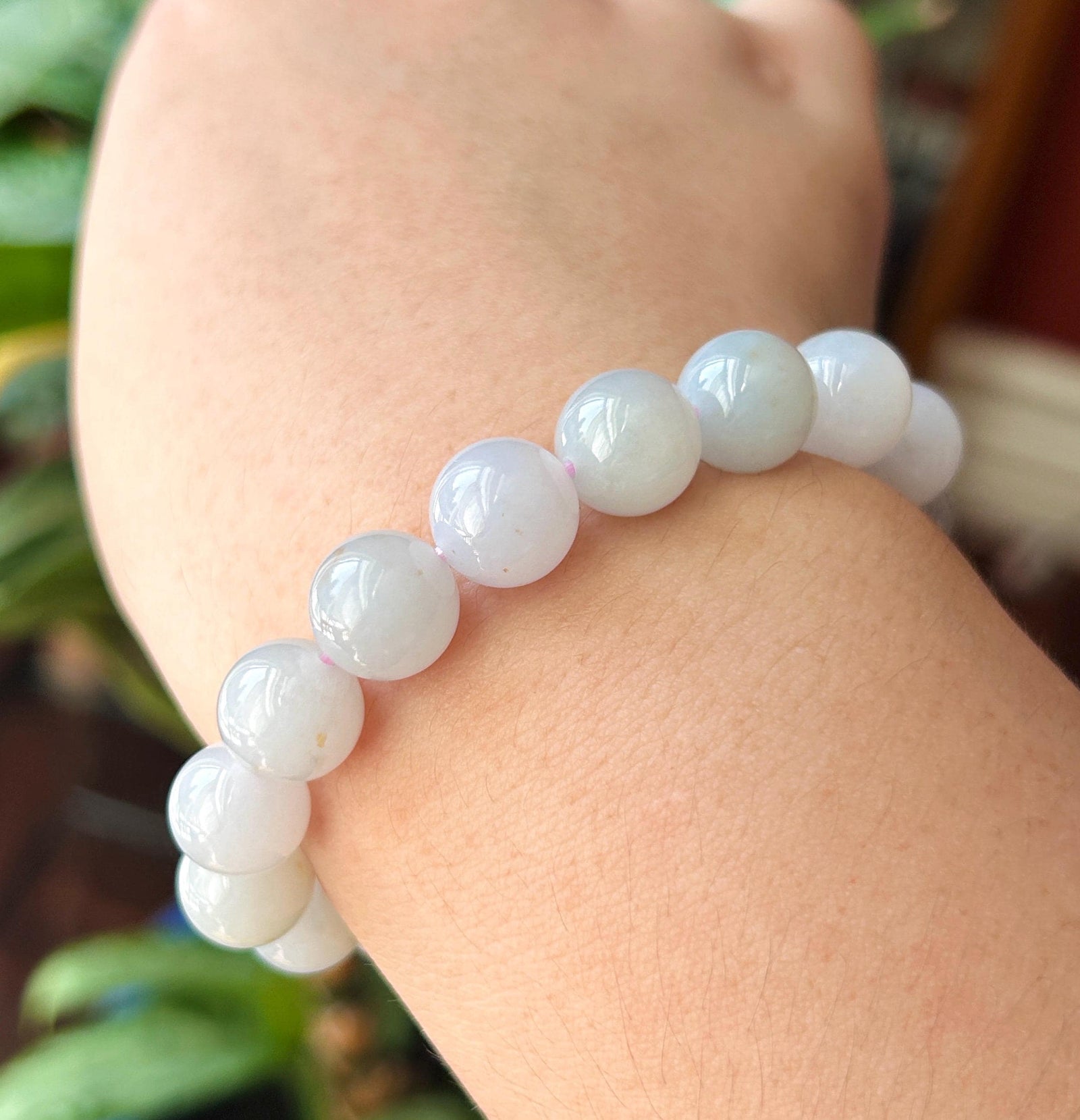 Natural Jadeite Beaded Bracelet Burmese Type A Untreated Icy Glutinous Pale Lavender & Red Floral Jade 11mm Beads