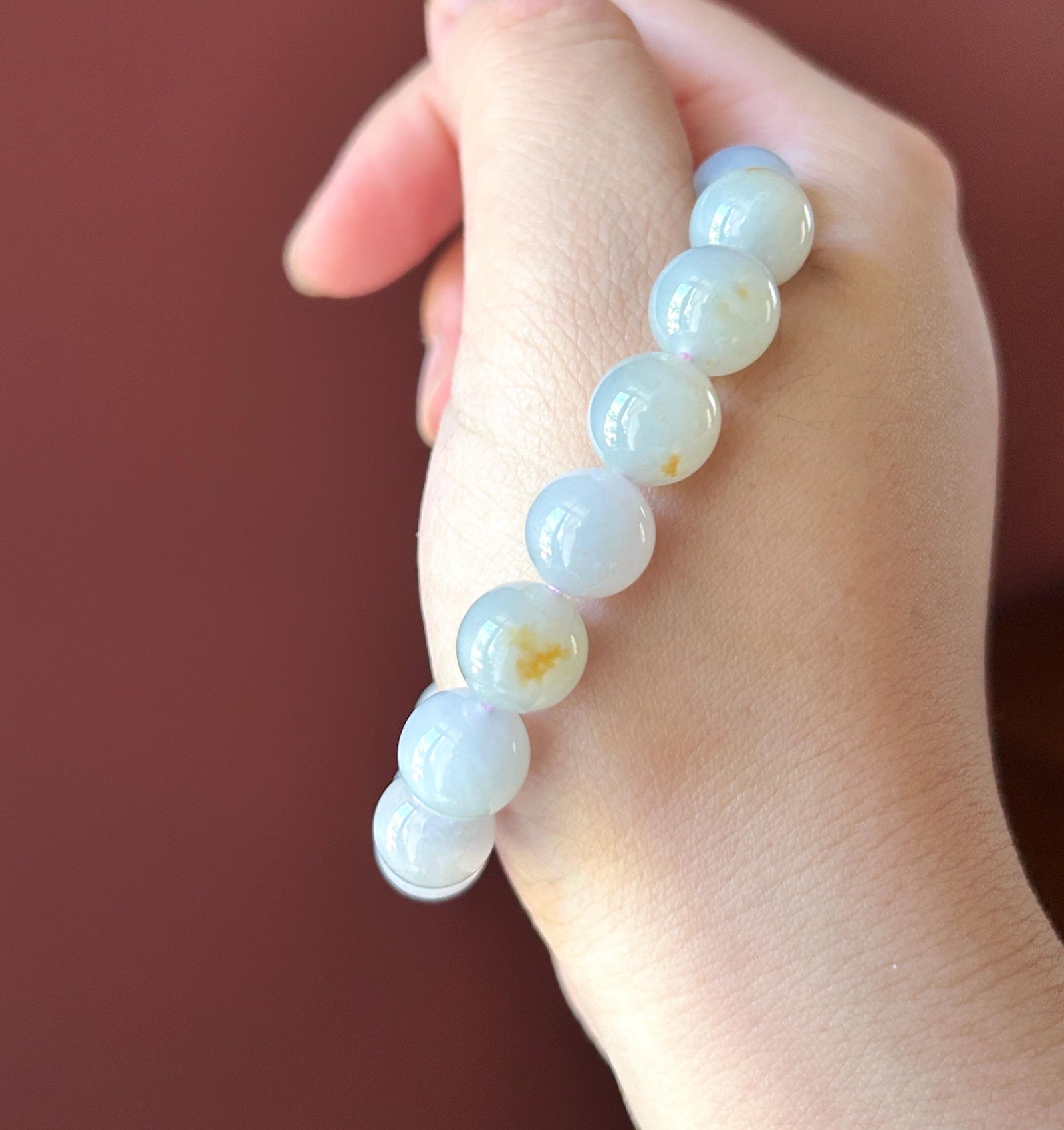 Natural Jadeite Beaded Bracelet Burmese Type A Untreated Icy Glutinous Pale Lavender & Red Floral Jade 11mm Beads