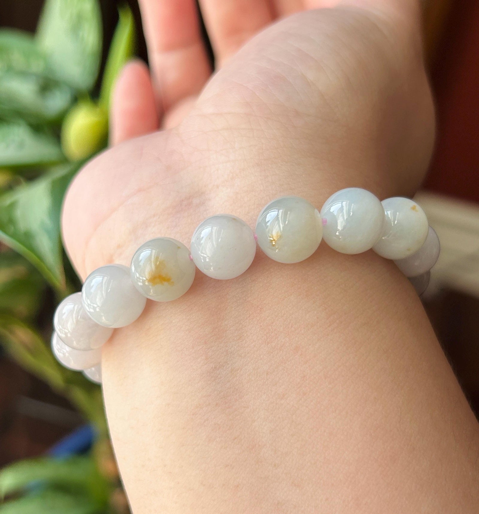 Natural Jadeite Beaded Bracelet Burmese Type A Untreated Icy Glutinous Pale Lavender & Red Floral Jade 11mm Beads