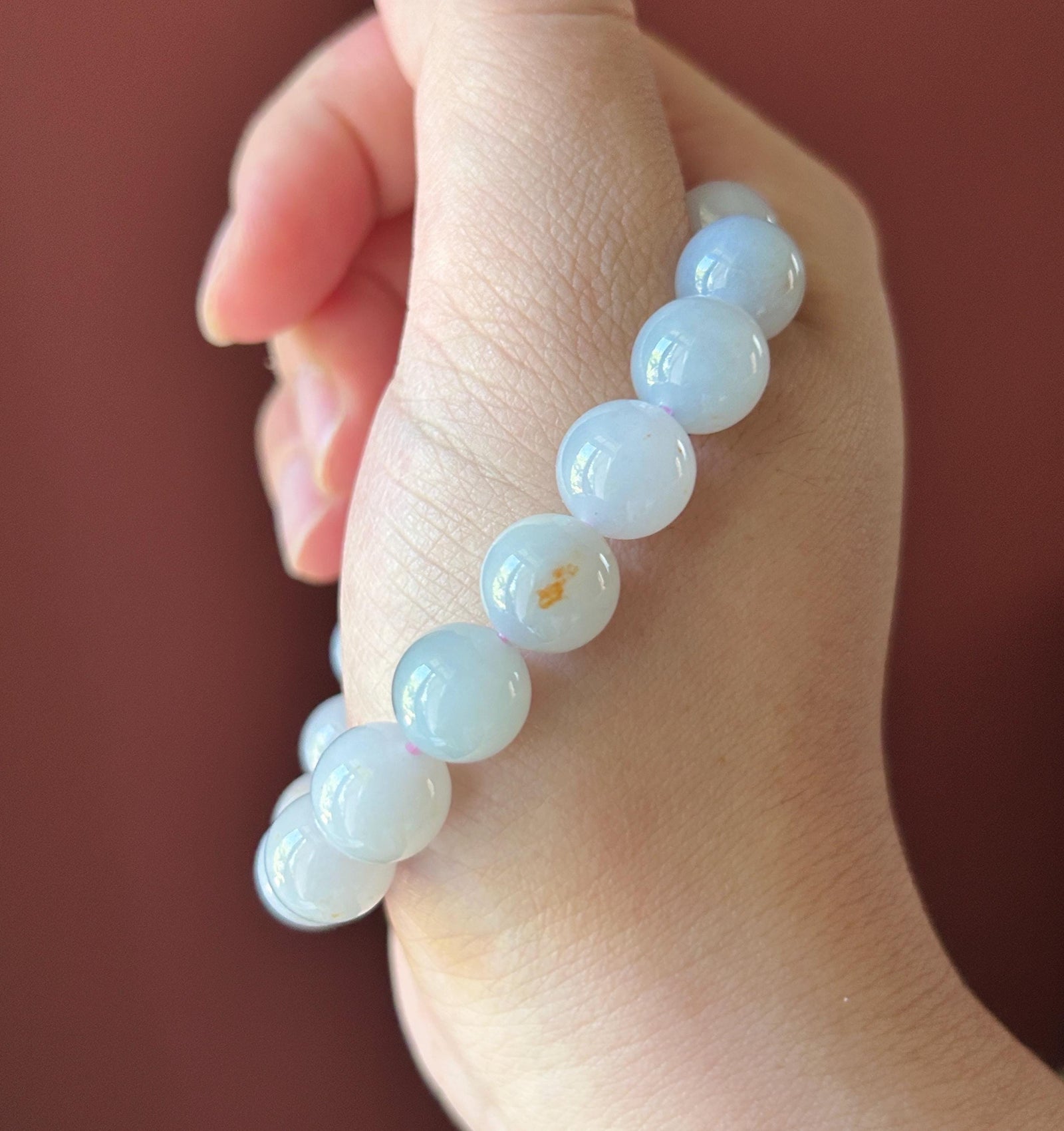 Natural Jadeite Beaded Bracelet Burmese Type A Untreated Icy Glutinous Pale Lavender & Red Floral Jade 11mm Beads