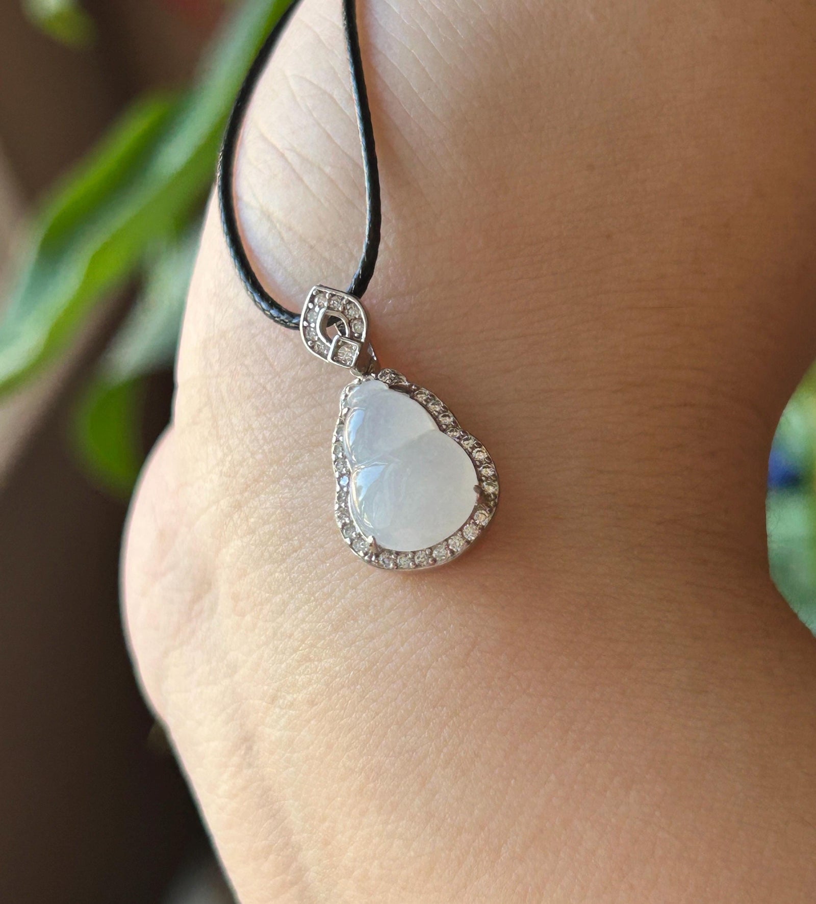 Natural Jadeite Gourd Pendant Minimalist Jewelry Burmese Type A Highly Translucent Icy White Jade Hulu, Sterling Silver