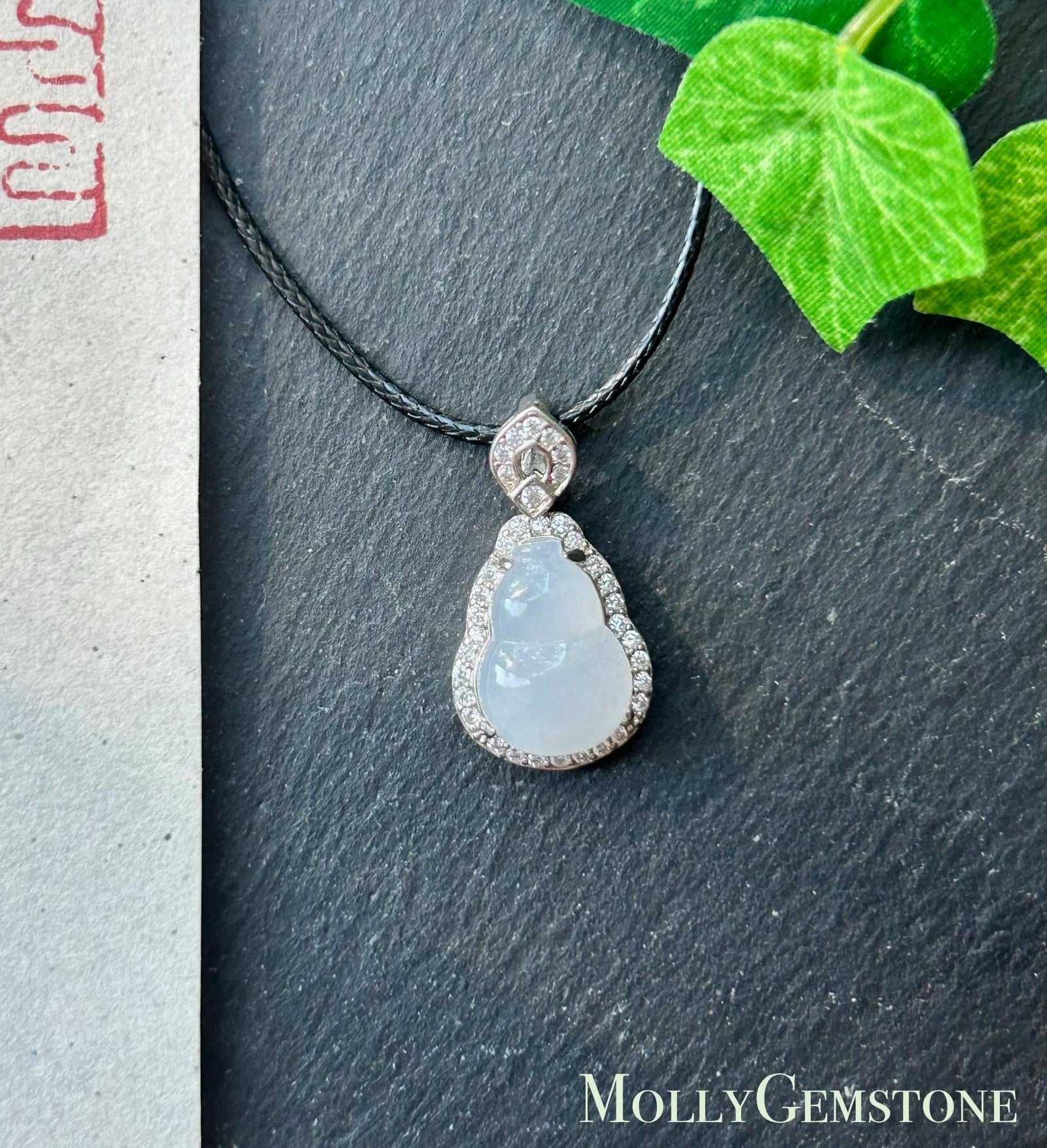 Natural Jadeite Gourd Pendant Minimalist Jewelry Burmese Type A Highly Translucent Icy White Jade Hulu, Sterling Silver