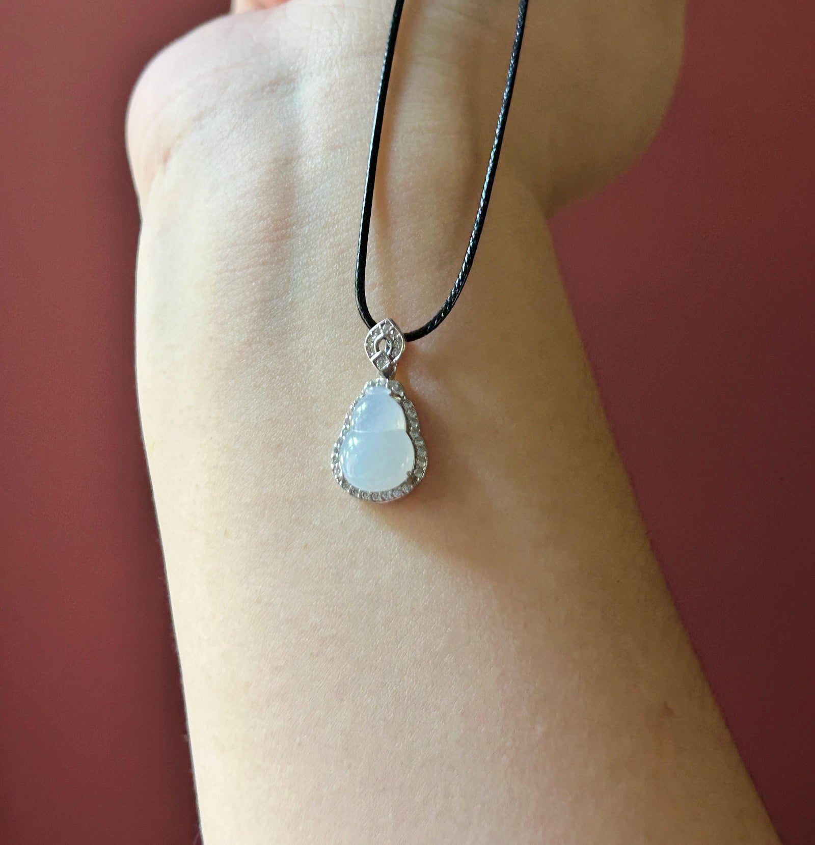 Natural Jadeite Gourd Pendant Minimalist Jewelry Burmese Type A Highly Translucent Icy White Jade Hulu, Sterling Silver