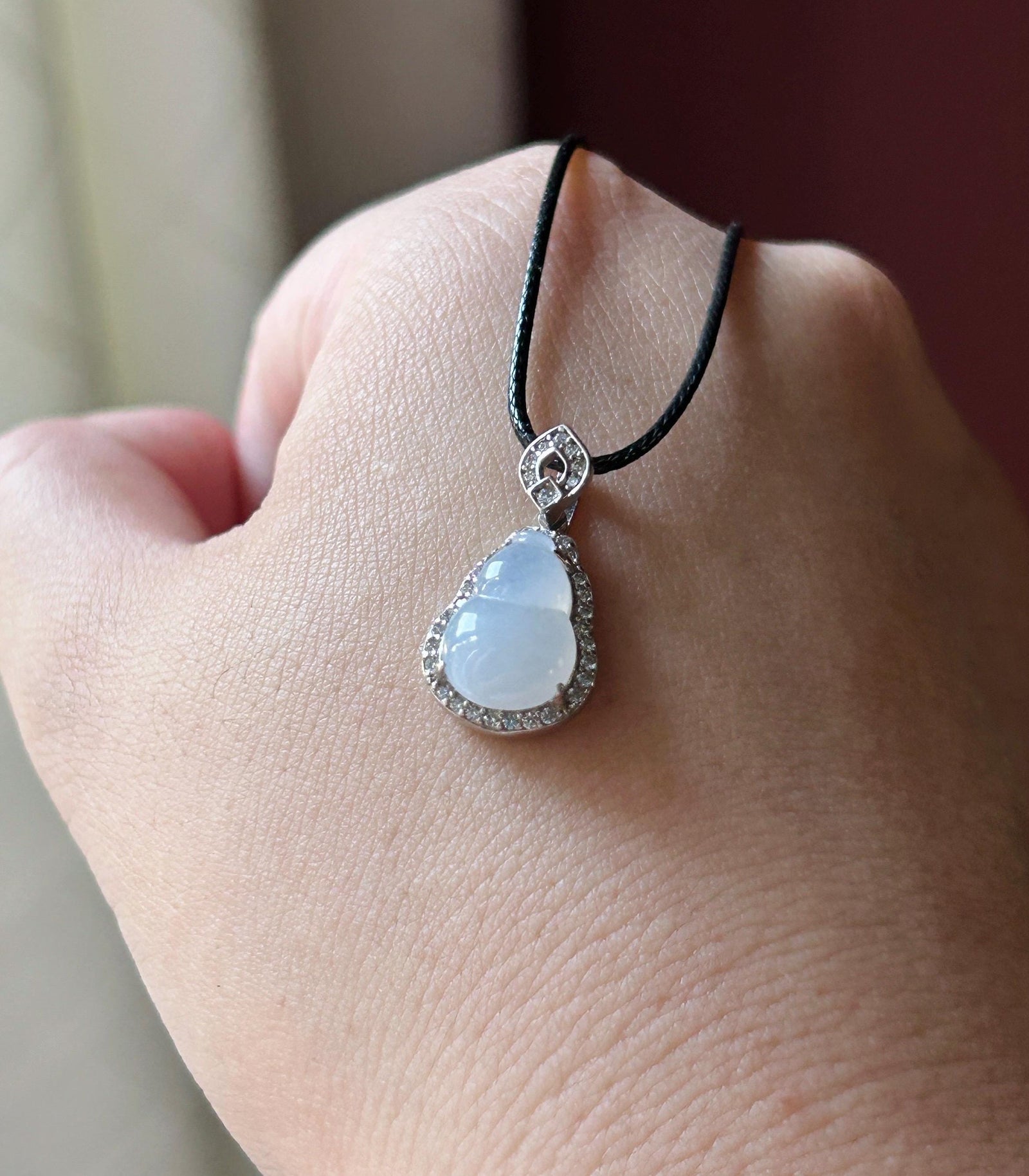 Natural Jadeite Gourd Pendant Minimalist Jewelry Burmese Type A Highly Translucent Icy White Jade Hulu, Sterling Silver