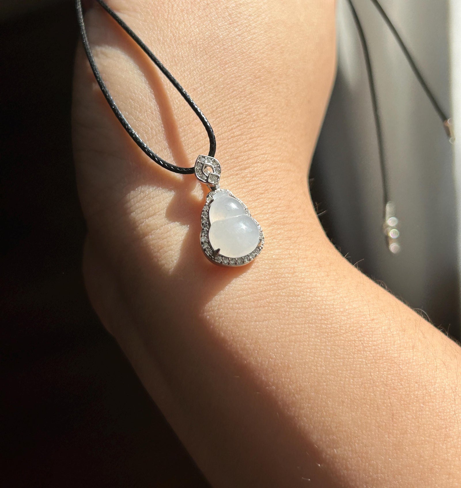 Natural Jadeite Gourd Pendant Minimalist Jewelry Burmese Type A Highly Translucent Icy White Jade Hulu, Sterling Silver