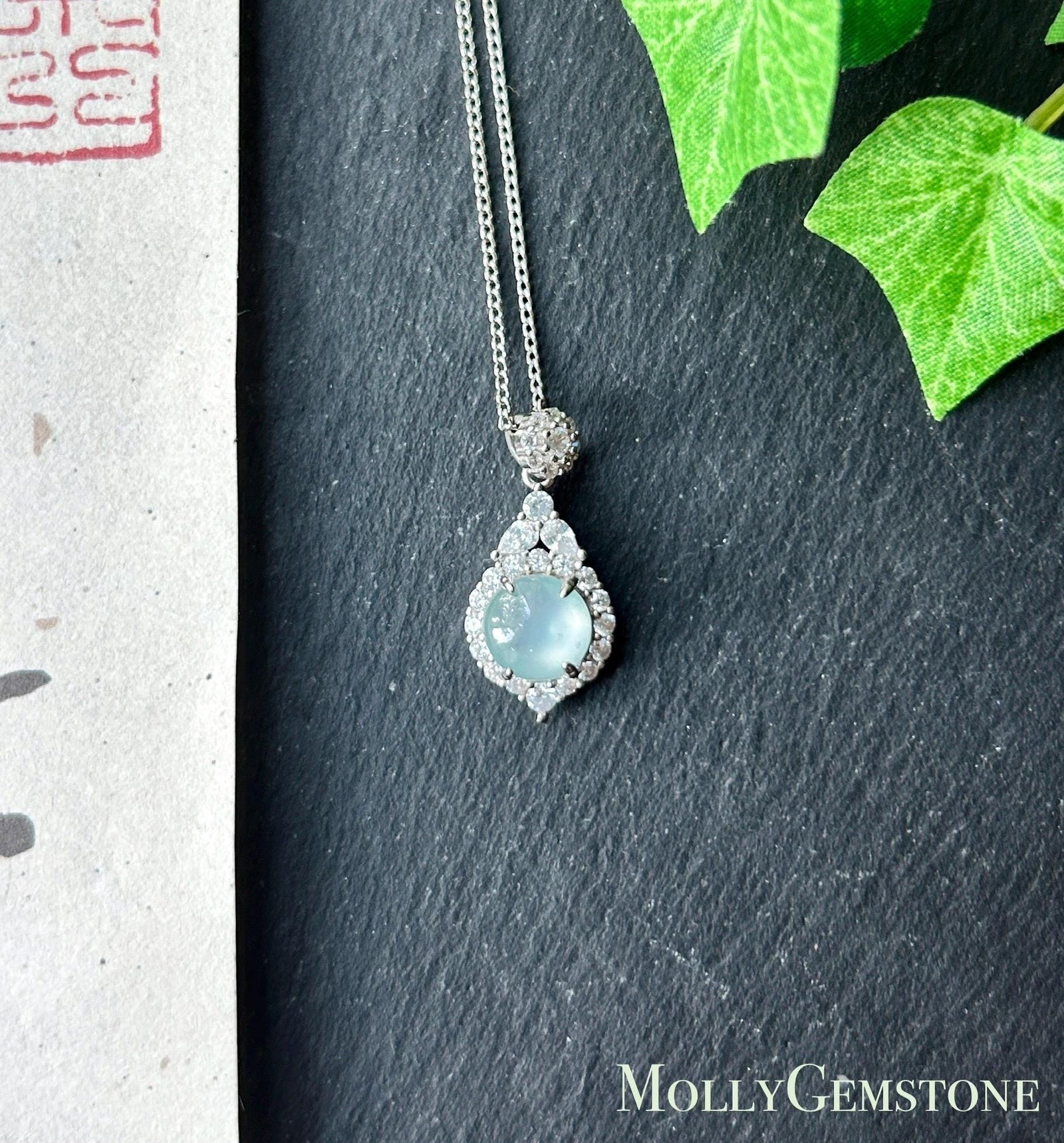 Natural Jadeite Cabochon Pendant Guatemalan Type A Highly Translucent High Icy Blue Jade, Sterling Silver