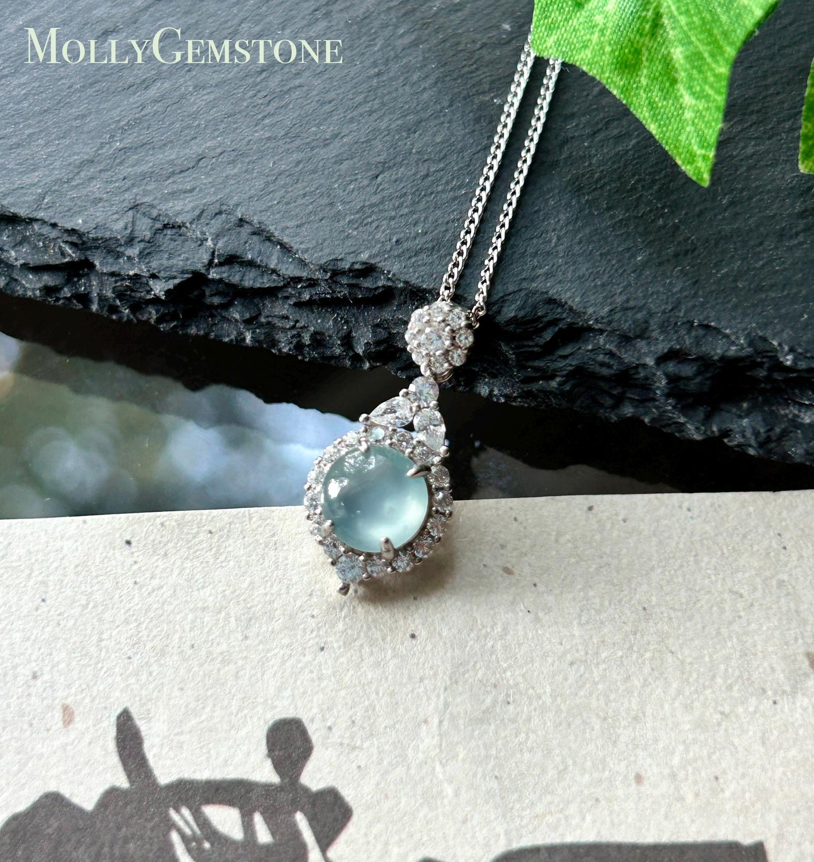 Natural Jadeite Cabochon Pendant Guatemalan Type A Highly Translucent High Icy Blue Jade, Sterling Silver