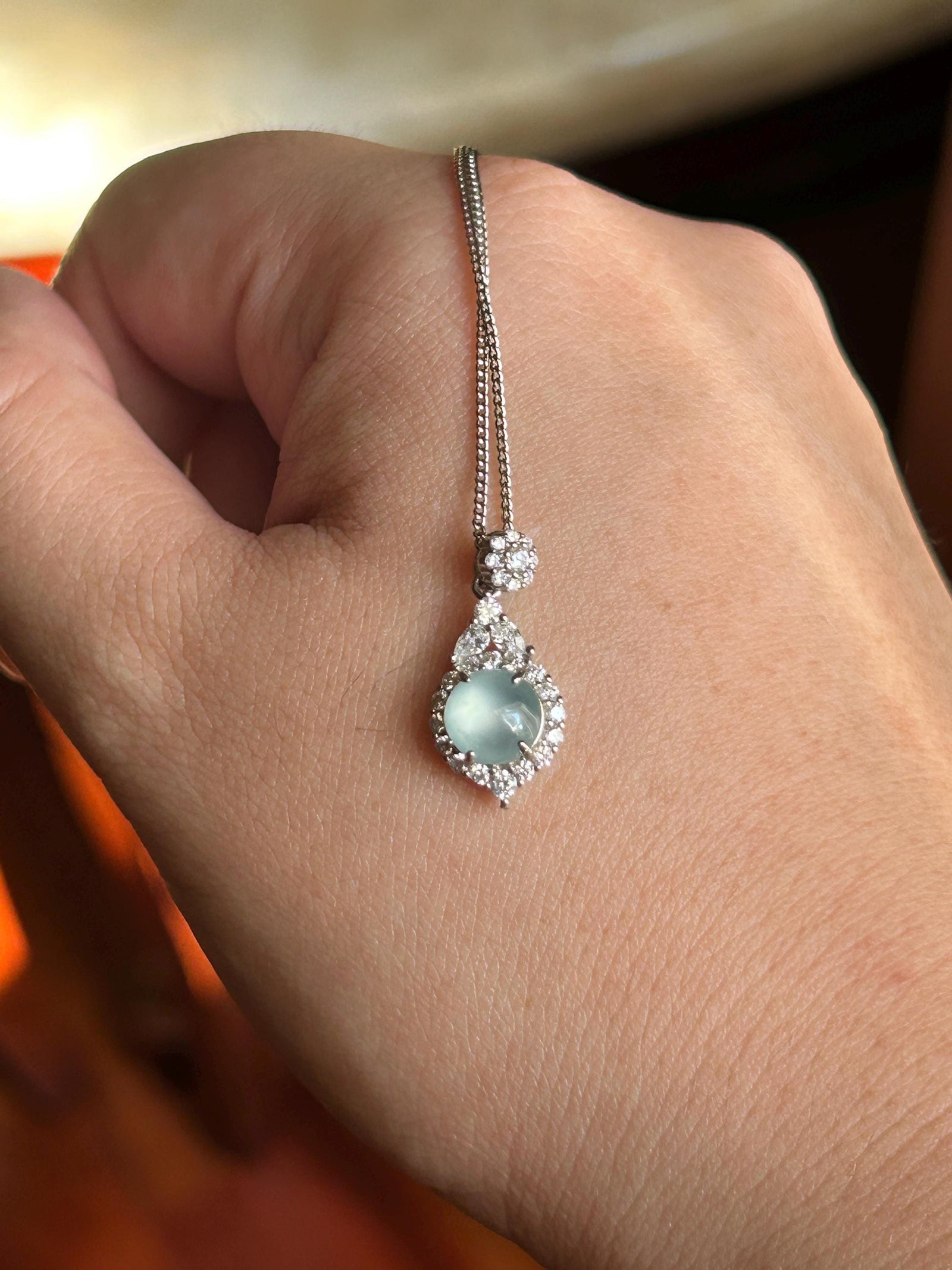 Natural Jadeite Cabochon Pendant Guatemalan Type A Highly Translucent High Icy Blue Jade, Sterling Silver