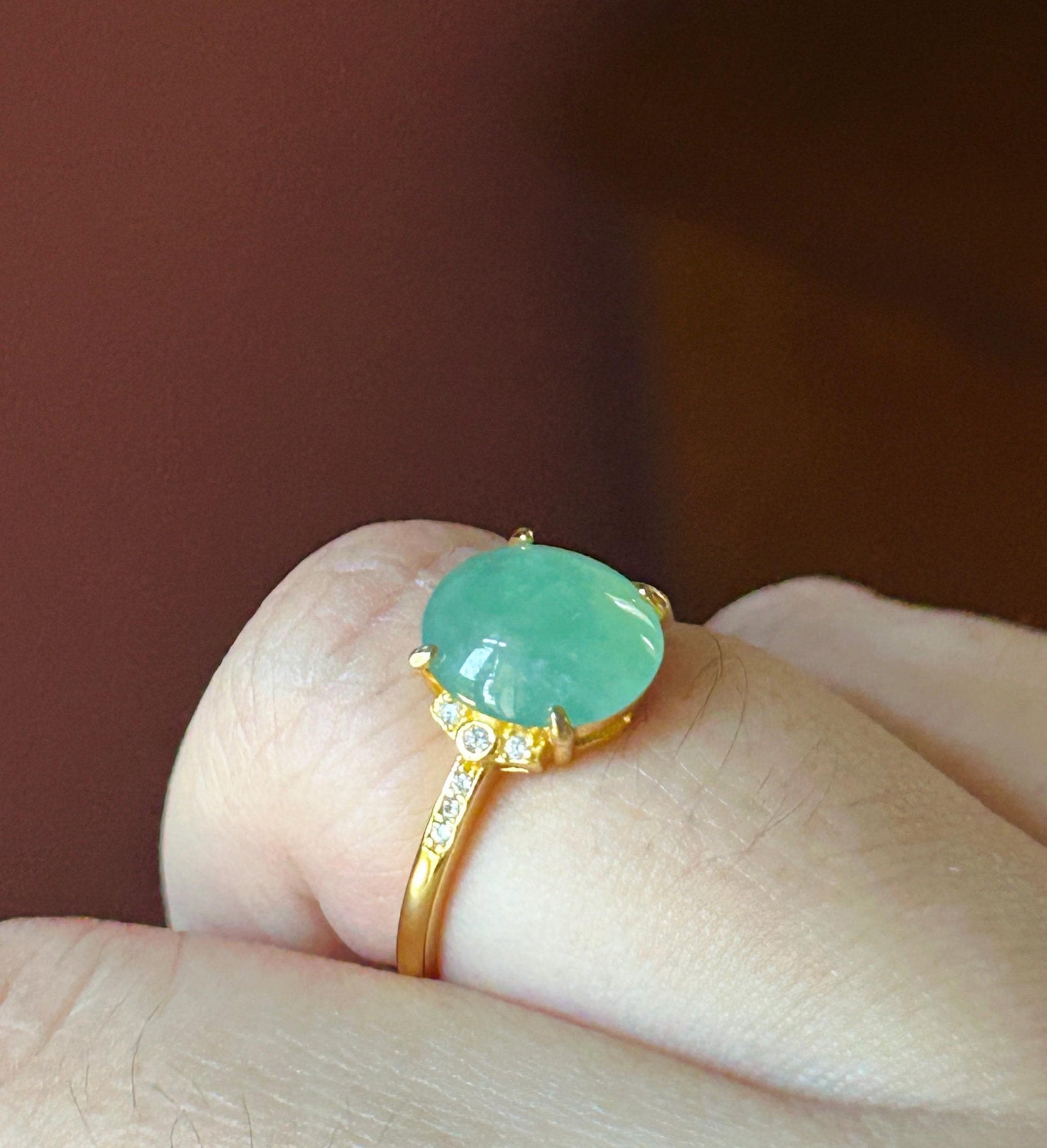 Certified Natural Jadeite Ring Burmese Type A Large Highly Translucent Icy Bright Apple Green Jade 10 x 8.5mm | 18k Gold Vermeil