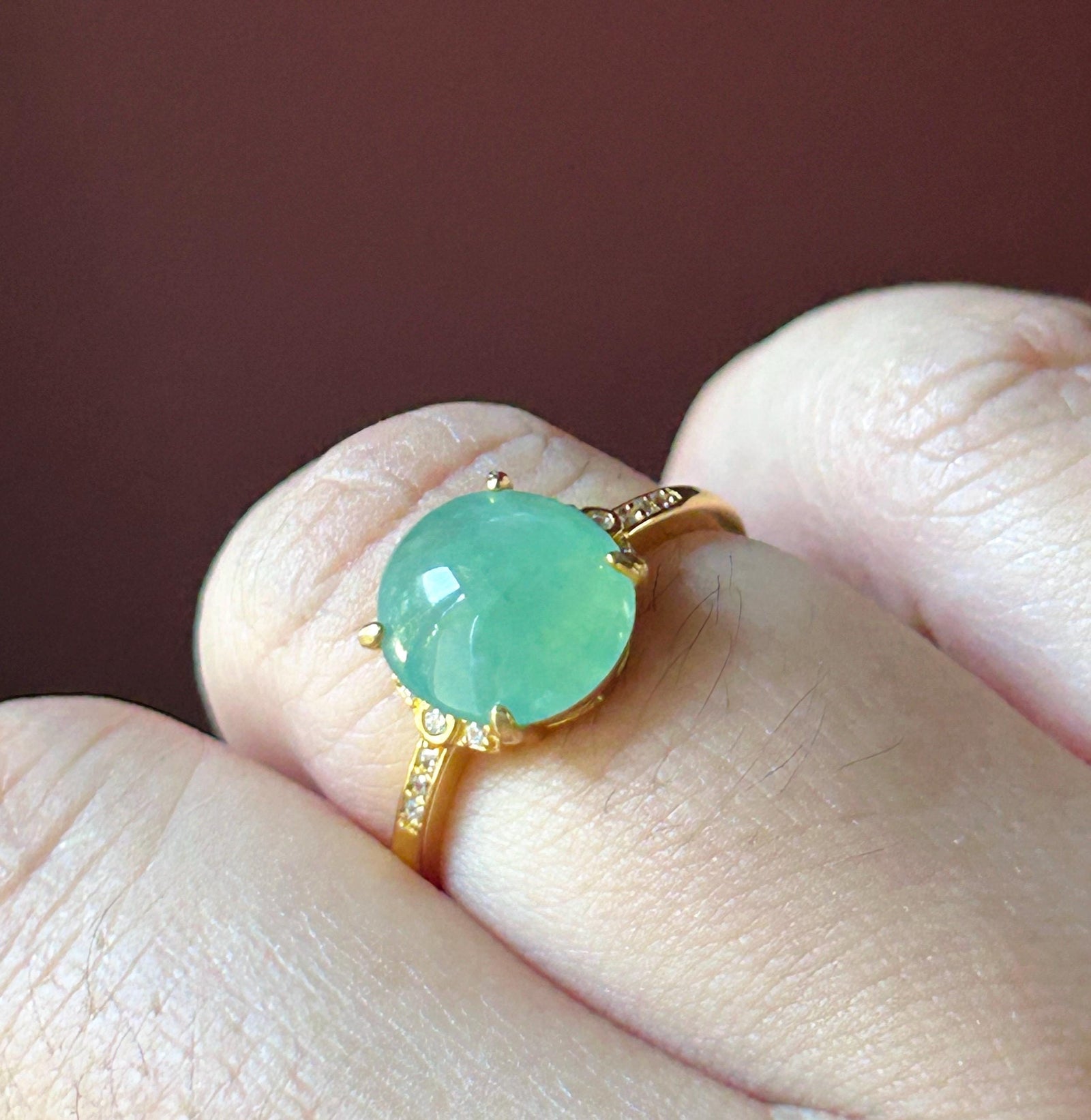 Certified Natural Jadeite Ring Burmese Type A Large Highly Translucent Icy Bright Apple Green Jade 10 x 8.5mm | 18k Gold Vermeil