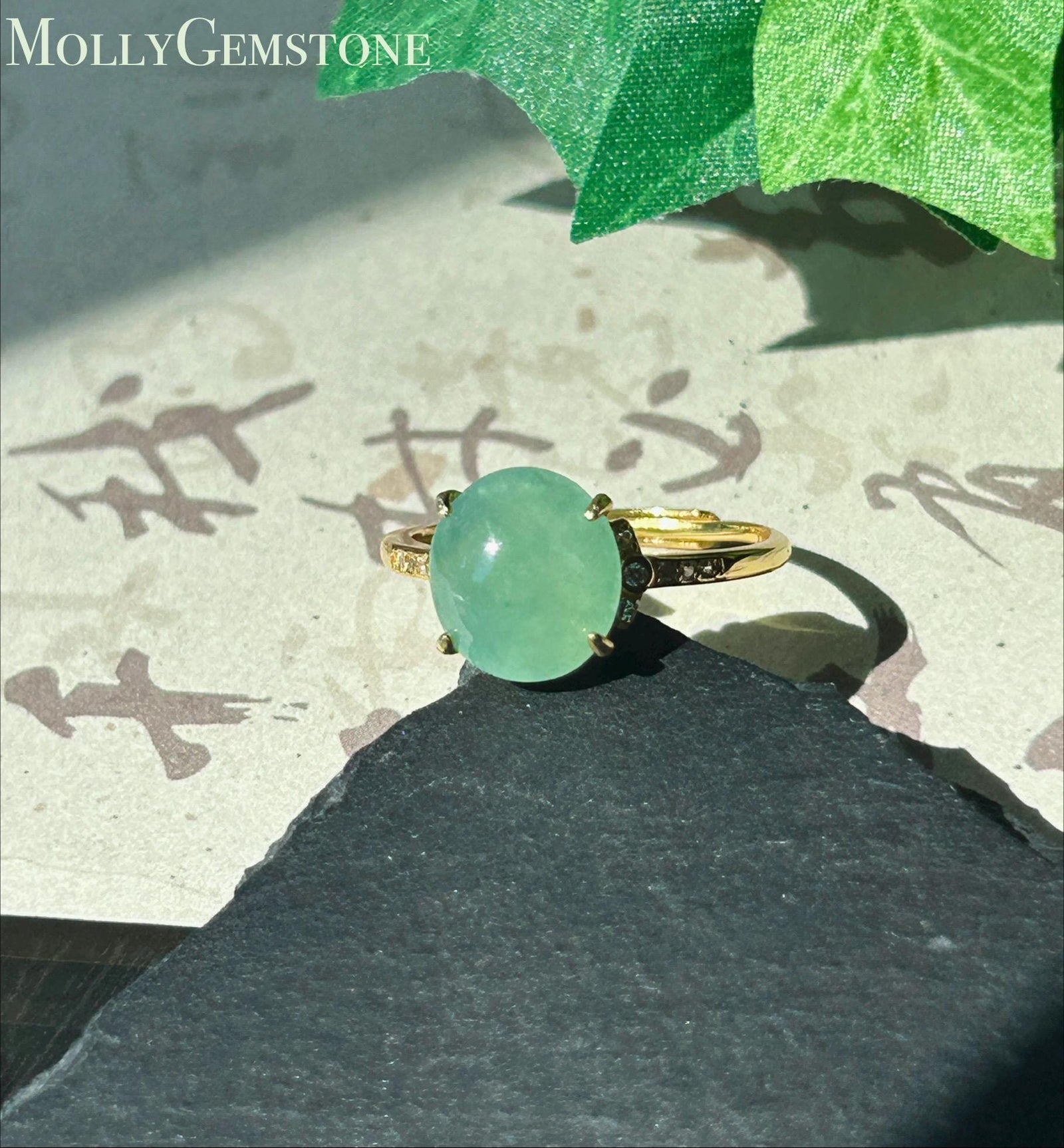 Certified Natural Jadeite Ring Burmese Type A Large Highly Translucent Icy Bright Apple Green Jade 10 x 8.5mm | 18k Gold Vermeil