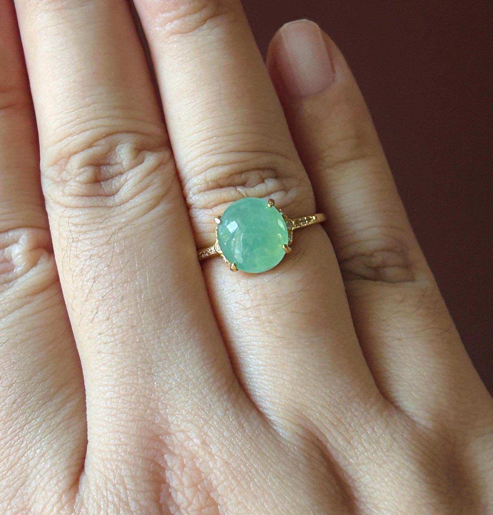 Certified Natural Jadeite Ring Burmese Type A Large Highly Translucent Icy Bright Apple Green Jade 10 x 8.5mm | 18k Gold Vermeil