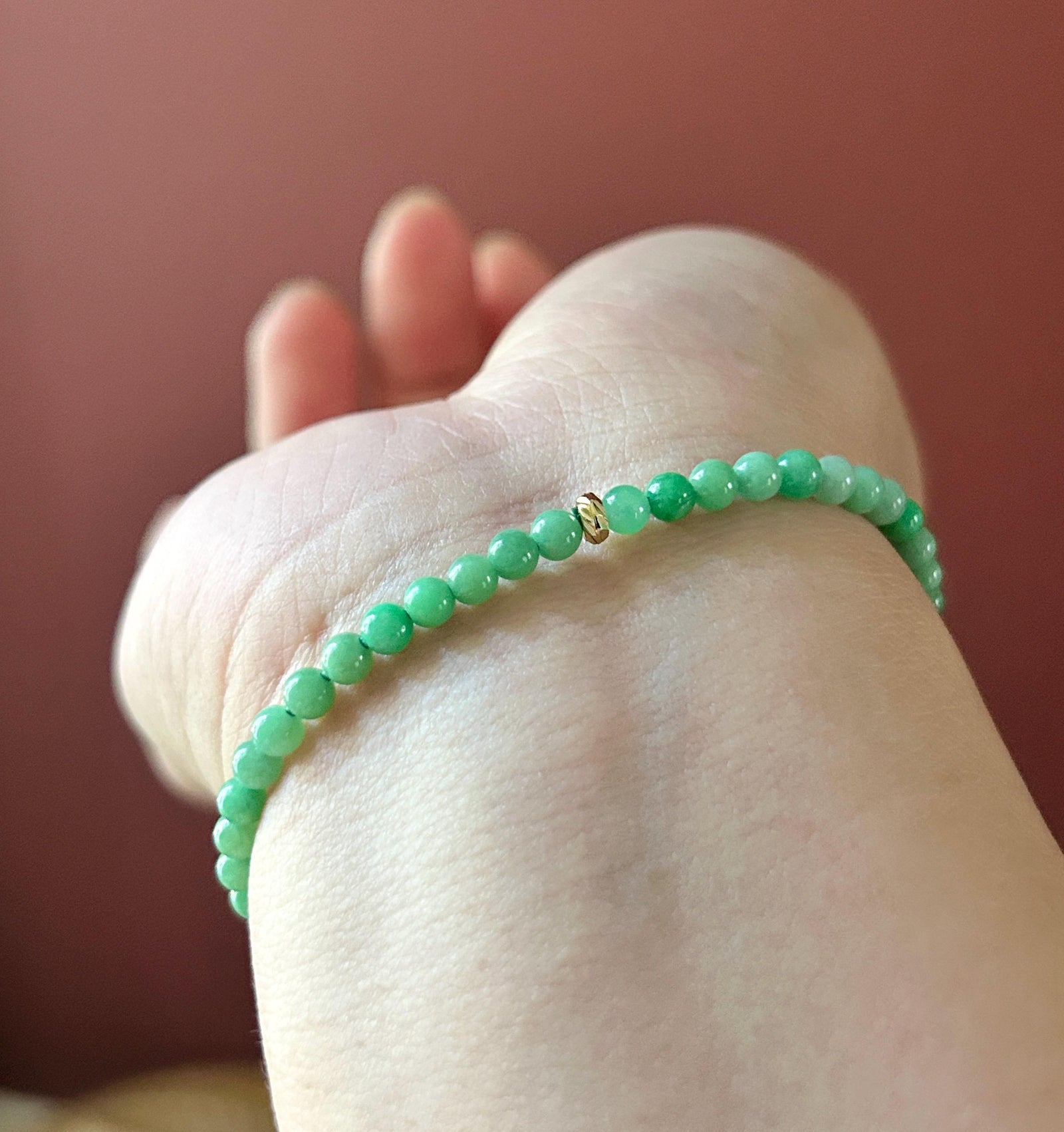 Natural Jadeite Beaded Bracelet – Burmese Type A Fine Glutinous Vivid Icy Apple Green Jade, 3.8mm, Minimalist Jewelry