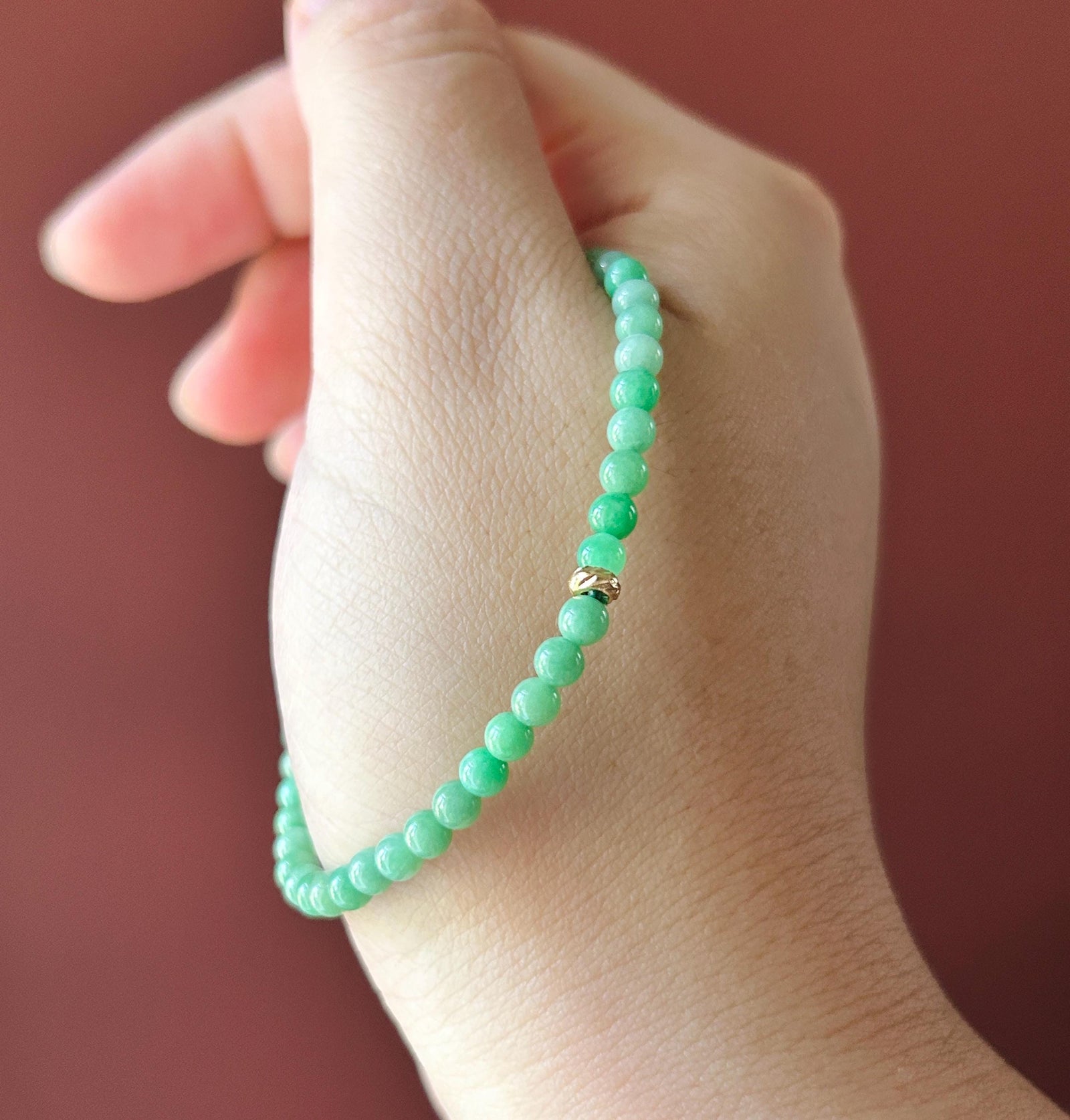 Natural Jadeite Beaded Bracelet – Burmese Type A Fine Glutinous Vivid Icy Apple Green Jade, 3.8mm, Minimalist Jewelry