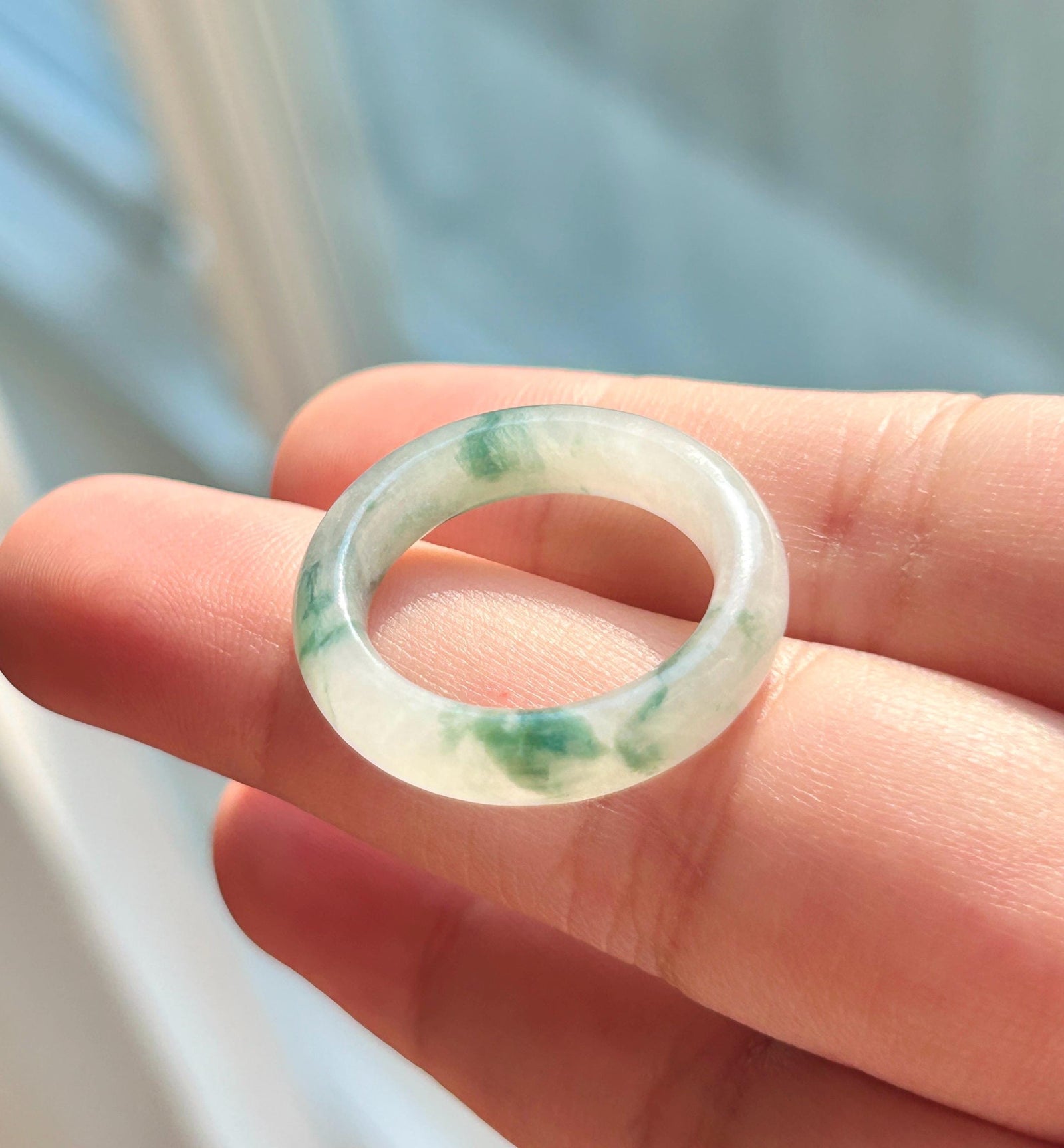 Natural Jadeite Band Ring | Burmese Type A Translucent Icy Glutinous White Base Dark Green Floral Jade |Moss in Snow Jade| US 8 - 18.2mm