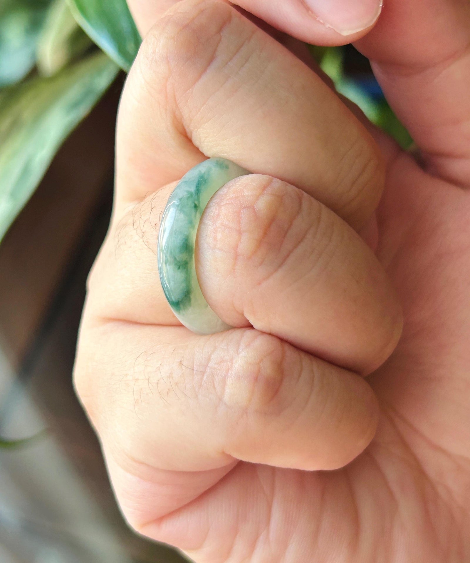 Natural Jadeite Band Ring | Burmese Type A Translucent Icy Glutinous White Base Dark Green Floral Jade |Moss in Snow Jade| US 8 - 18.2mm