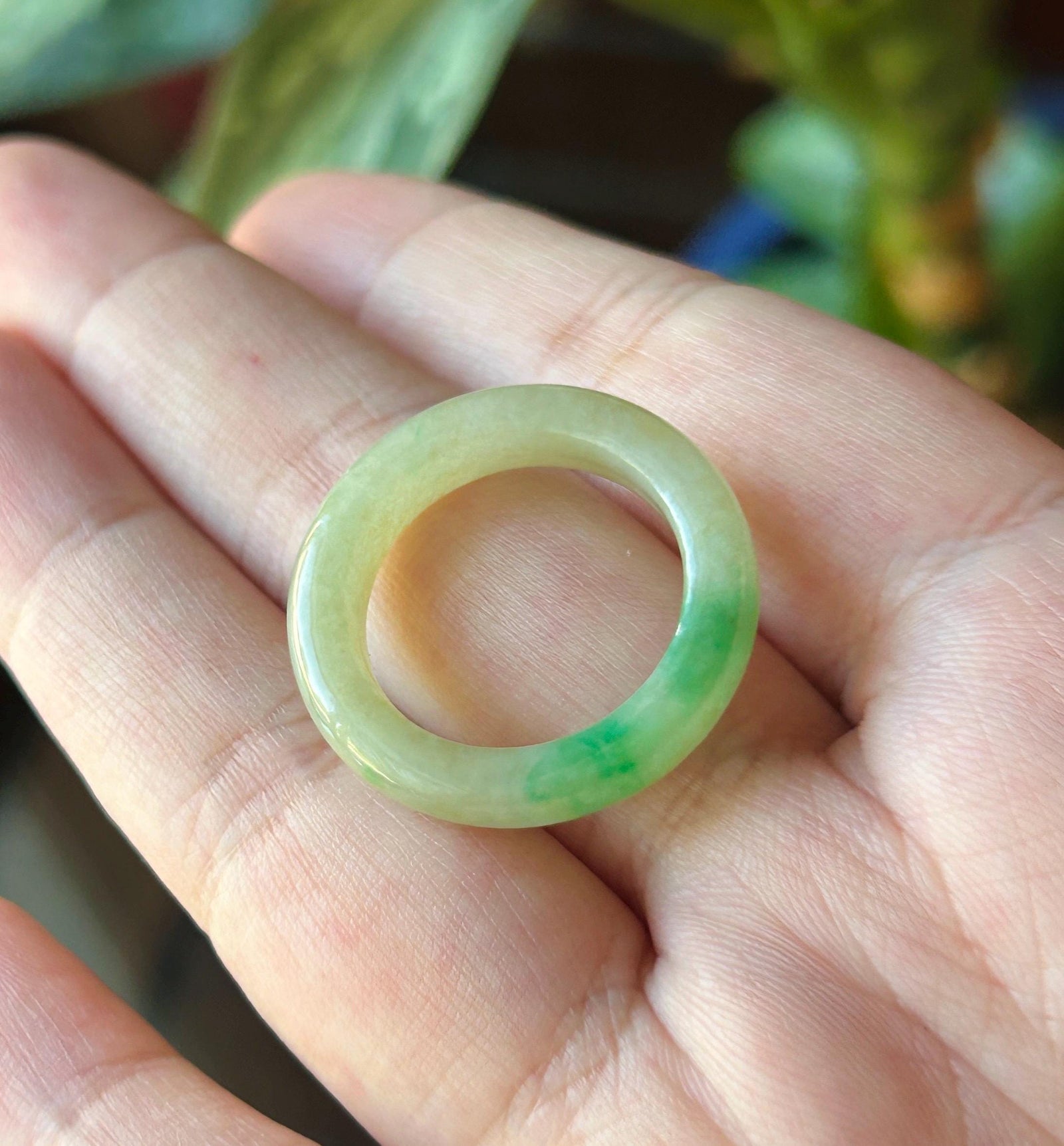 Certified Natural Jadeite Band Ring | Burmese Type A Glutinous Icy Pale Tea Yellow & Vivid Green Floral Jade| US 8.5 - 18.3mm