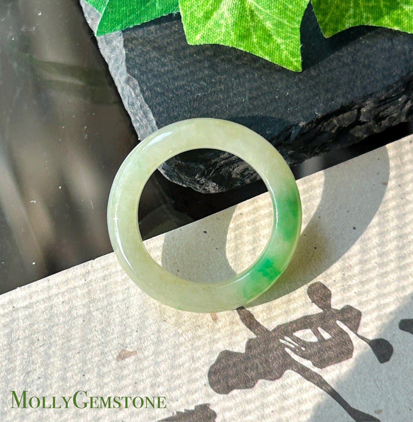 Certified Natural Jadeite Band Ring | Burmese Type A Glutinous Icy Pale Tea Yellow & Vivid Green Floral Jade| US 8.5 - 18.3mm