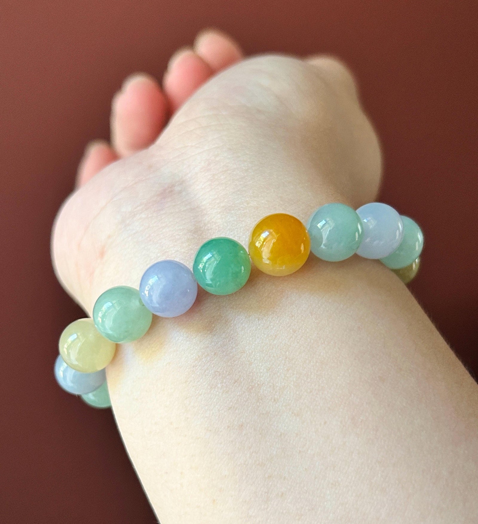 Natural Jadeite Beaded Bracelet, High-End Burmese Type A Icy Translucent Vivid Multicolor Fine Jade Beads, 10.2–10.9mm Duobao Bracelet