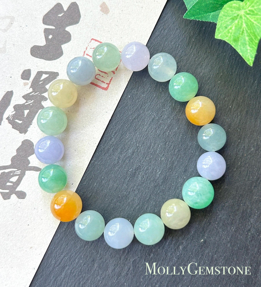 Natural Jadeite Beaded Bracelet, High-End Burmese Type A Icy Translucent Vivid Multicolor Fine Jade Beads, 10.2–10.9mm Duobao Bracelet