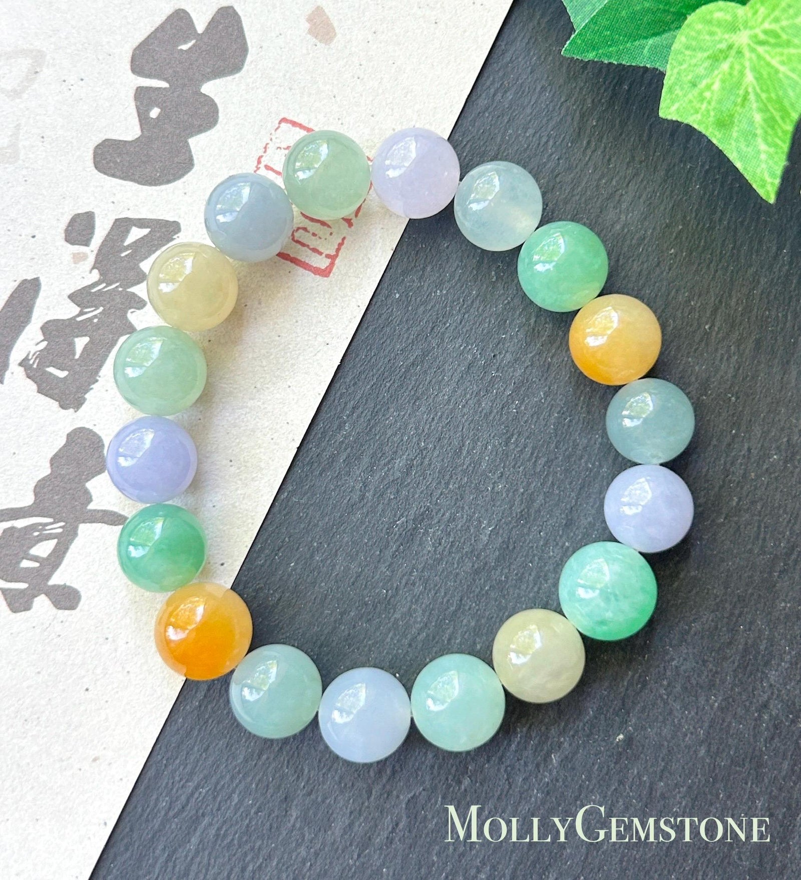 Natural Jadeite Beaded Bracelet, High-End Burmese Type A Icy Translucent Vivid Multicolor Fine Jade Beads, 10.2–10.9mm Duobao Bracelet