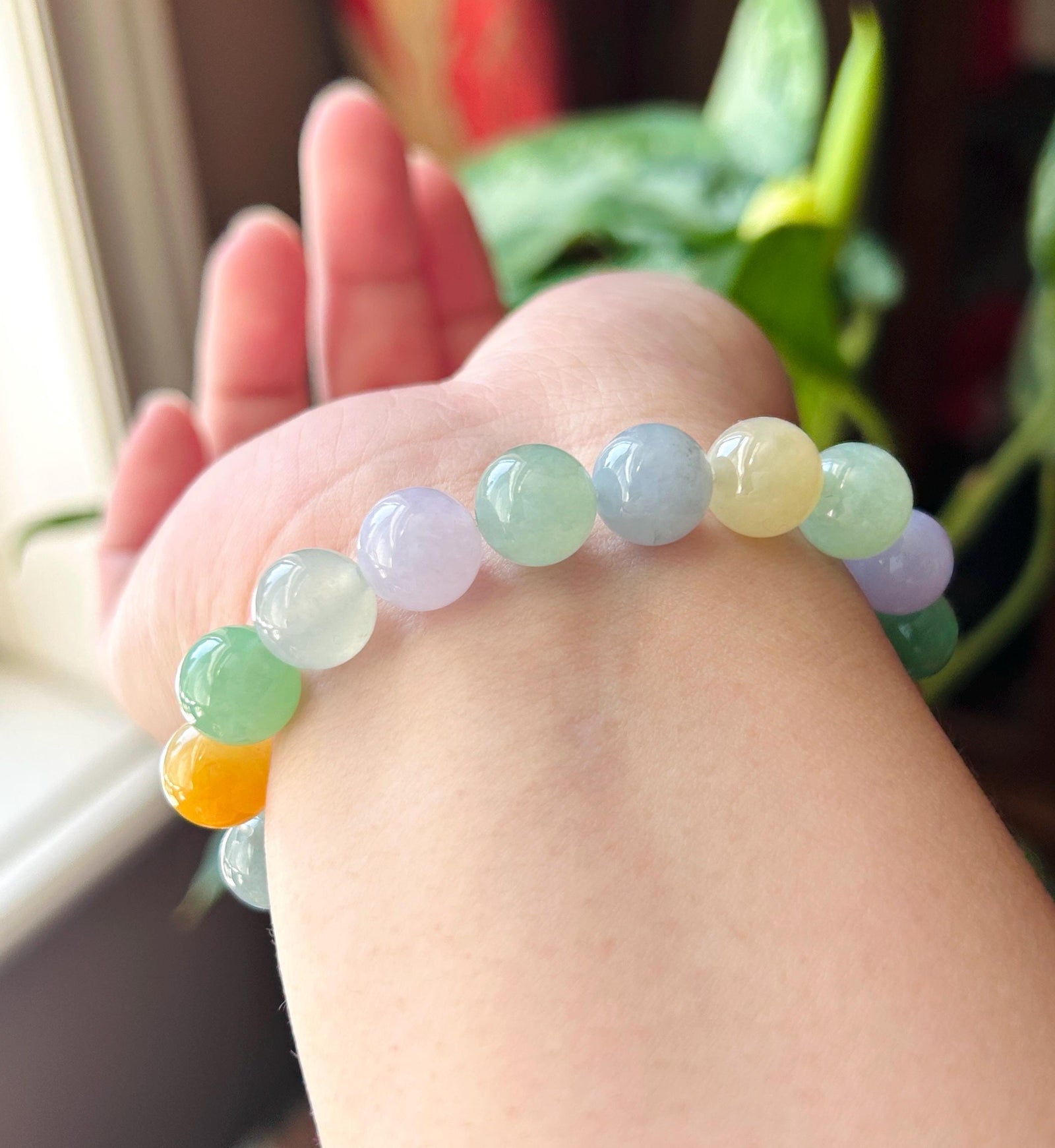 Natural Jadeite Beaded Bracelet, High-End Burmese Type A Icy Translucent Vivid Multicolor Fine Jade Beads, 10.2–10.9mm Duobao Bracelet