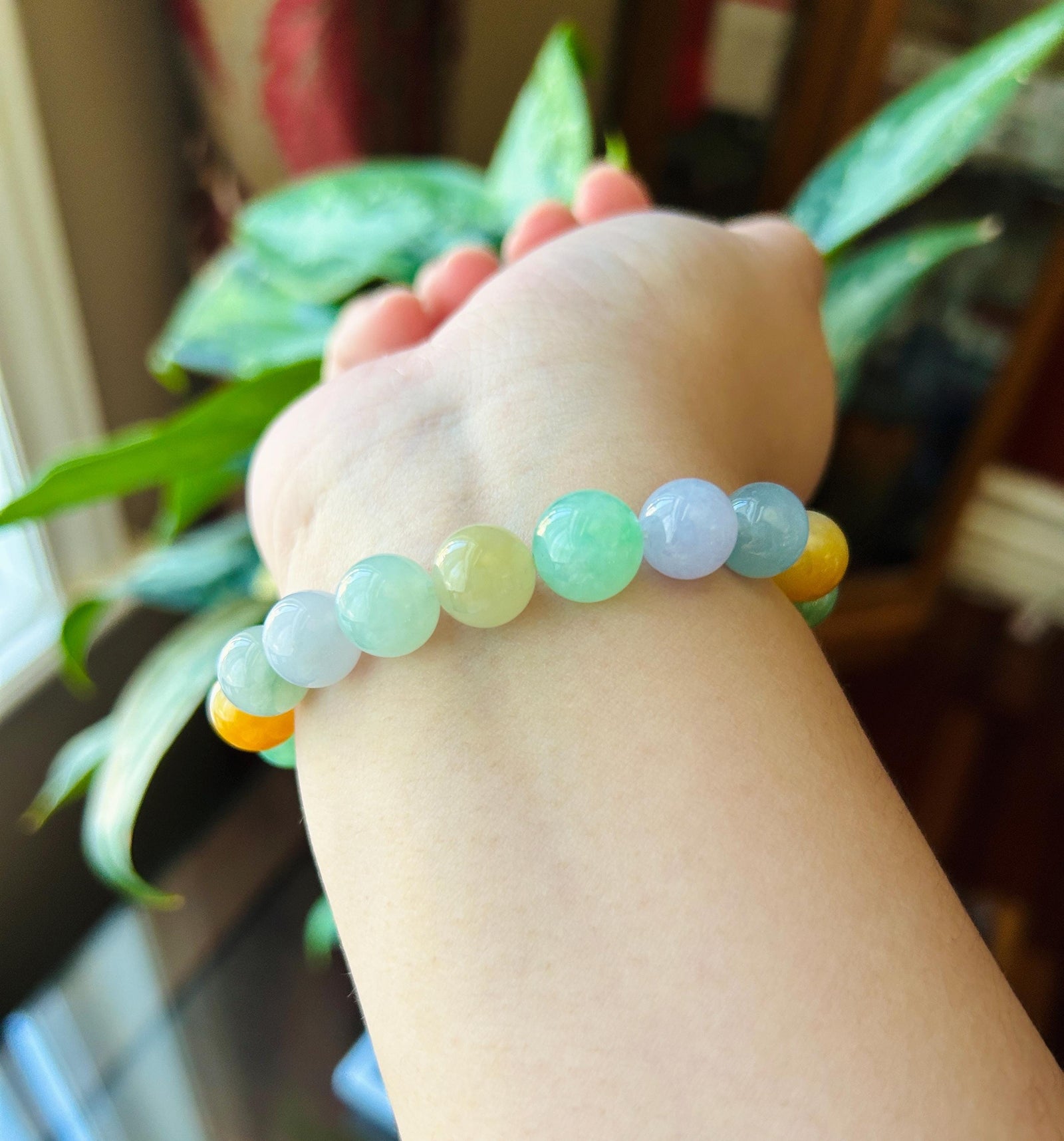 Natural Jadeite Beaded Bracelet, High-End Burmese Type A Icy Translucent Vivid Multicolor Fine Jade Beads, 10.2–10.9mm Duobao Bracelet