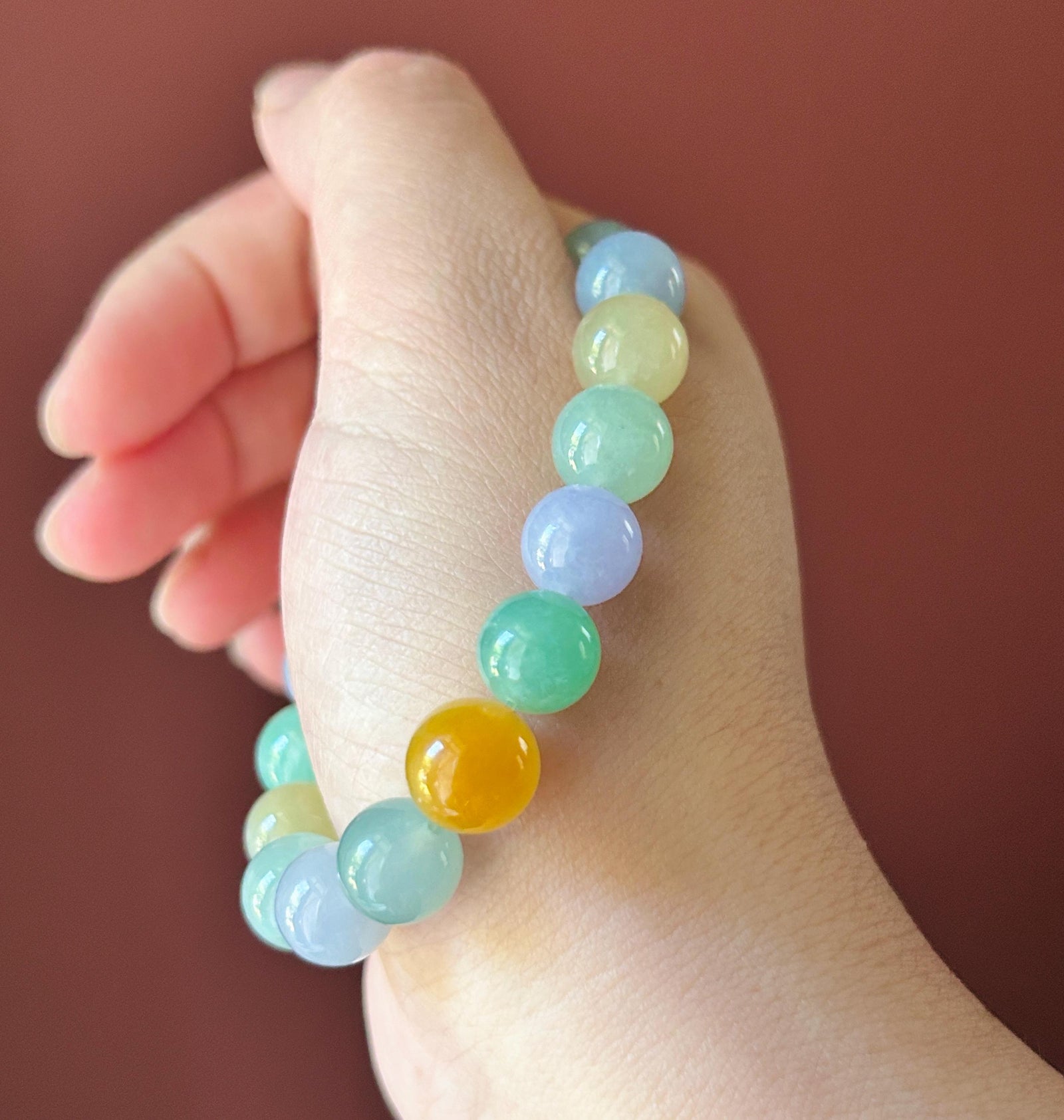 Natural Jadeite Beaded Bracelet, High-End Burmese Type A Icy Translucent Vivid Multicolor Fine Jade Beads, 10.2–10.9mm Duobao Bracelet