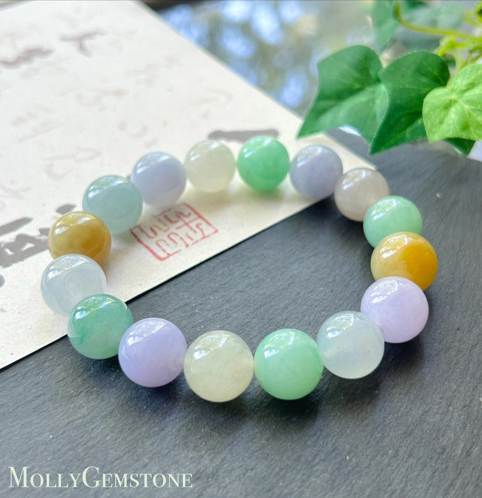 Natural Jadeite Beaded Bracelet, High-End Burmese Type A Icy Translucent Vivid Multicolor Fine Jade Beads, 12.2–12.9mm Duobao Bracelet