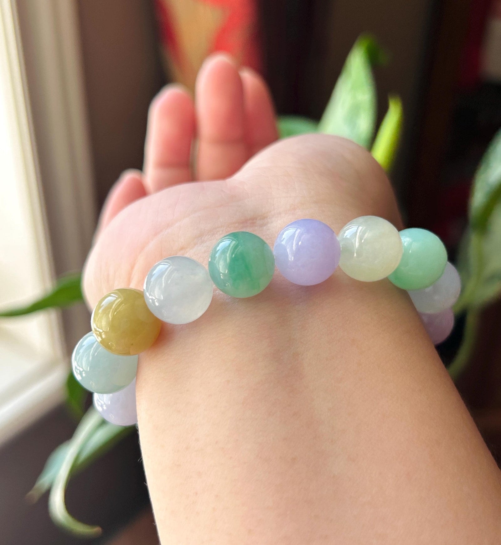 Natural Jadeite Beaded Bracelet, High-End Burmese Type A Icy Translucent Vivid Multicolor Fine Jade Beads, 12.2–12.9mm Duobao Bracelet