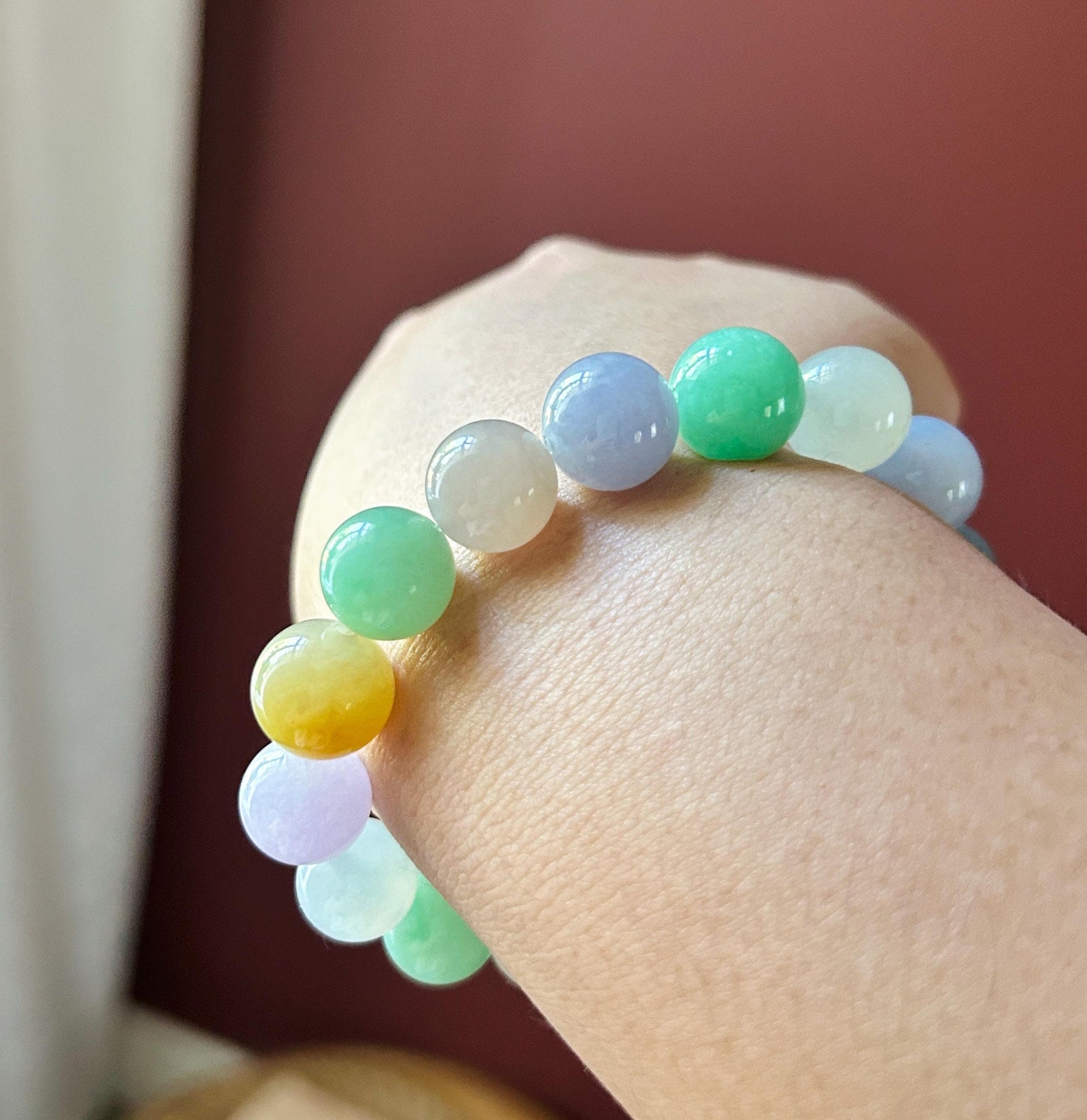 Natural Jadeite Beaded Bracelet, High-End Burmese Type A Icy Translucent Vivid Multicolor Fine Jade Beads, 12.2–12.9mm Duobao Bracelet
