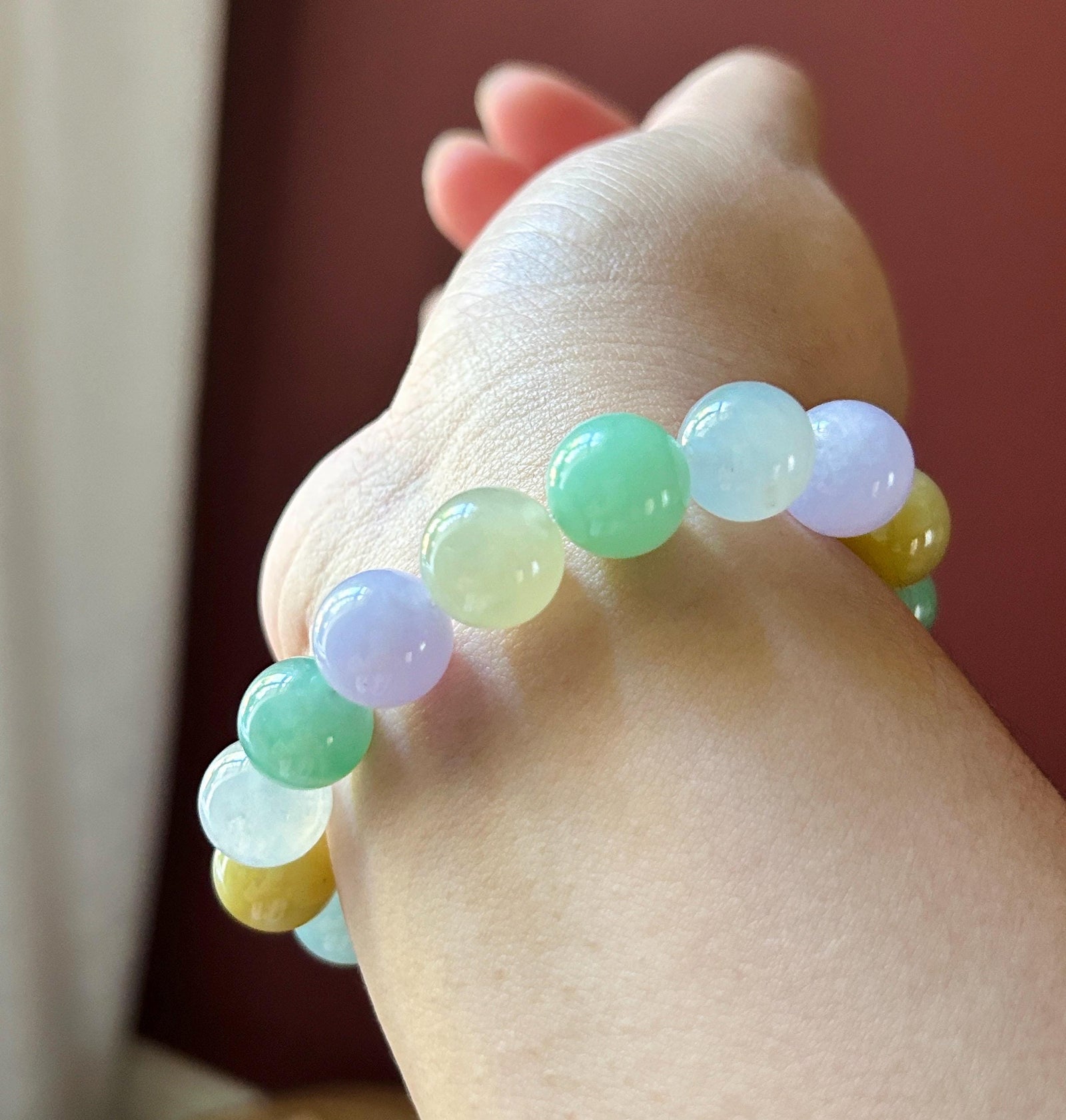 Natural Jadeite Beaded Bracelet, High-End Burmese Type A Icy Translucent Vivid Multicolor Fine Jade Beads, 12.2–12.9mm Duobao Bracelet