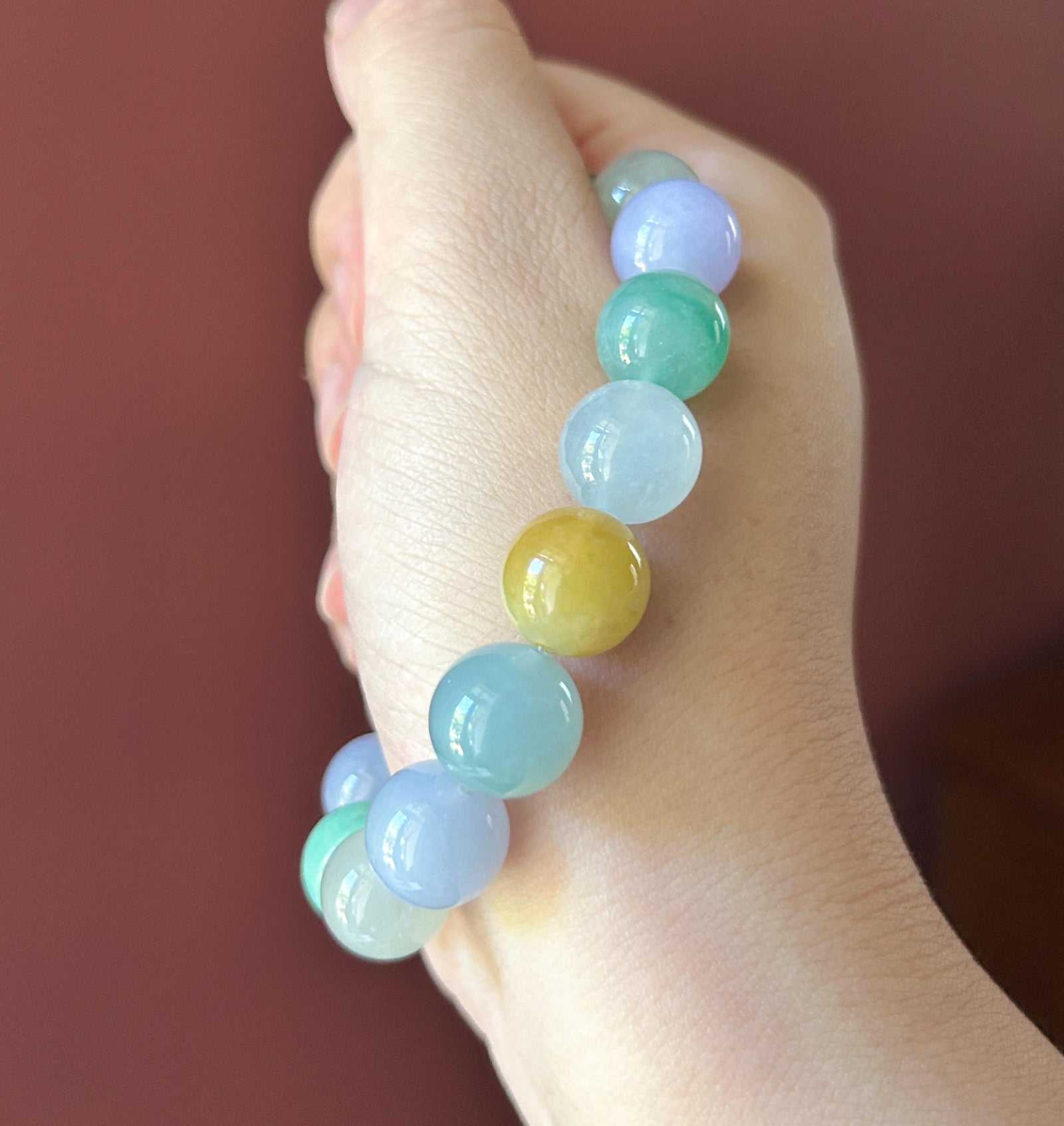 Natural Jadeite Beaded Bracelet, High-End Burmese Type A Icy Translucent Vivid Multicolor Fine Jade Beads, 12.2–12.9mm Duobao Bracelet