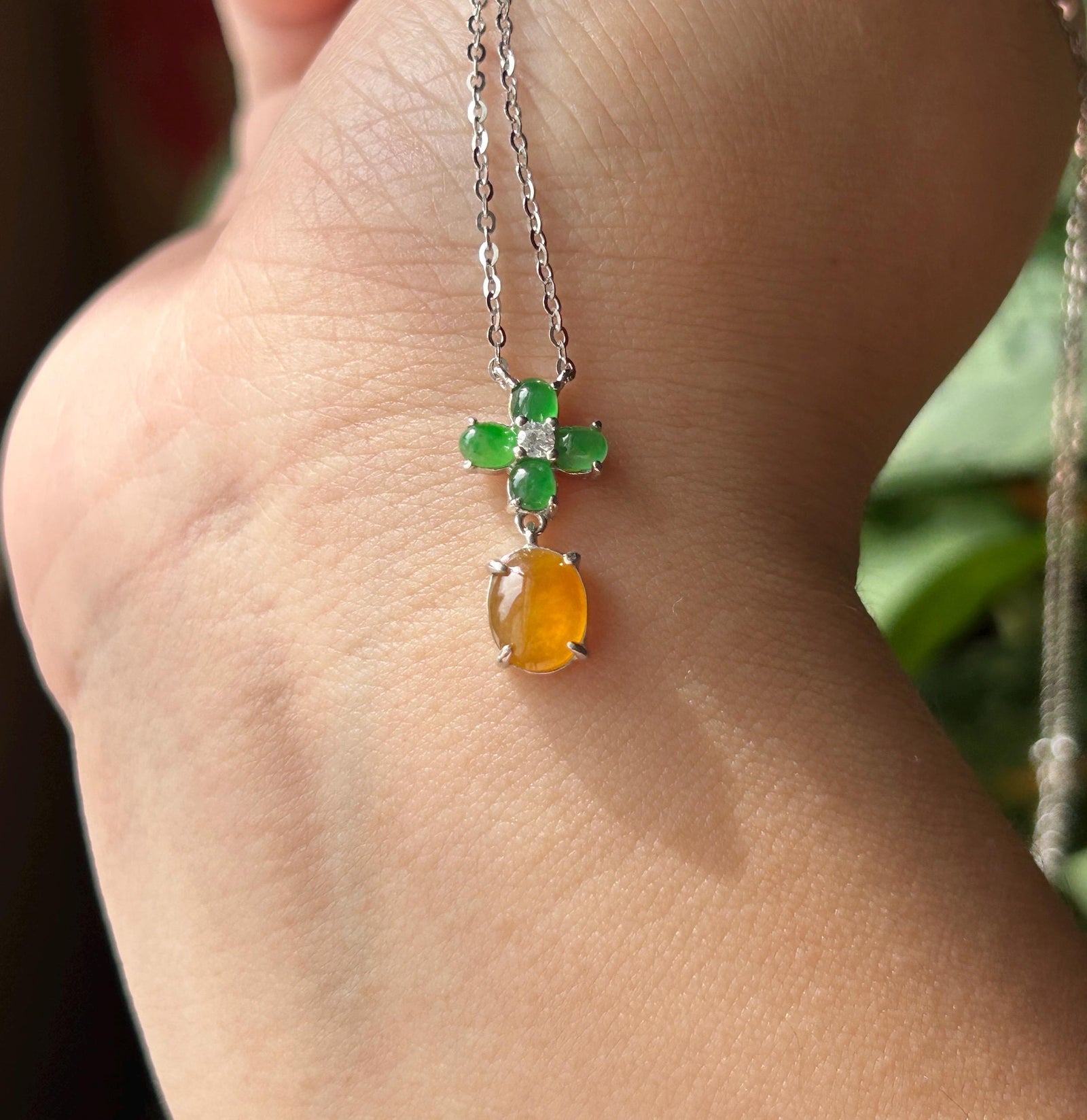 Certified Natural Jadeite Cabochon Designer Necklace, Burmese Type A Highly Translucent Icy Vivid Yellow & Green Jade, 925 Sterling Silver