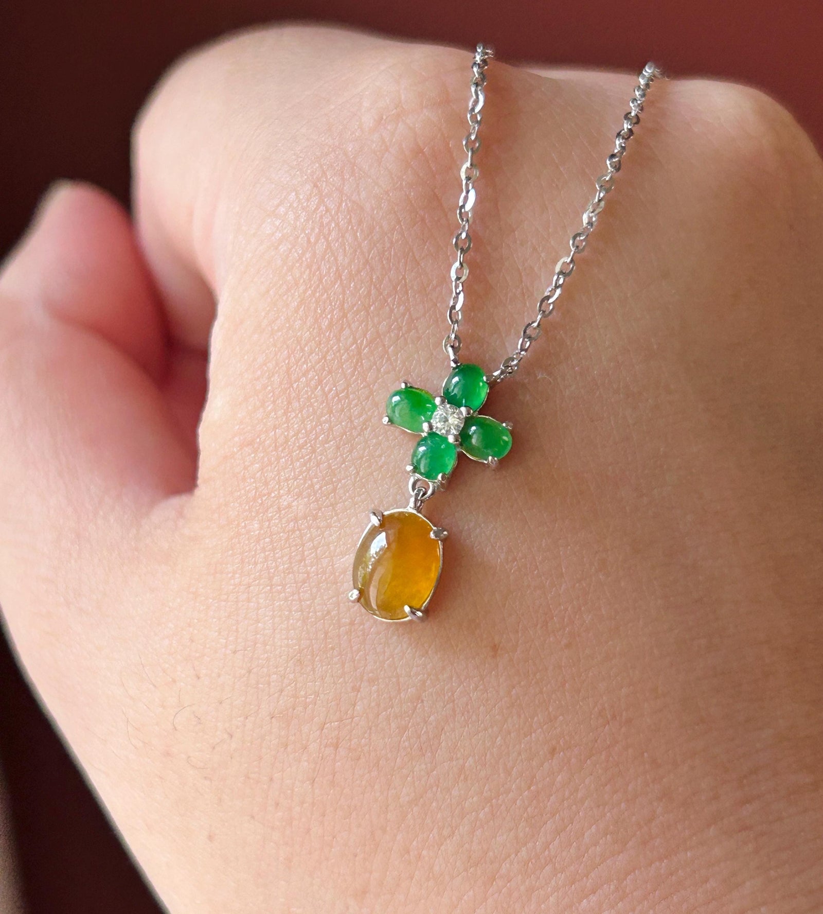 Certified Natural Jadeite Cabochon Designer Necklace, Burmese Type A Highly Translucent Icy Vivid Yellow & Green Jade, 925 Sterling Silver